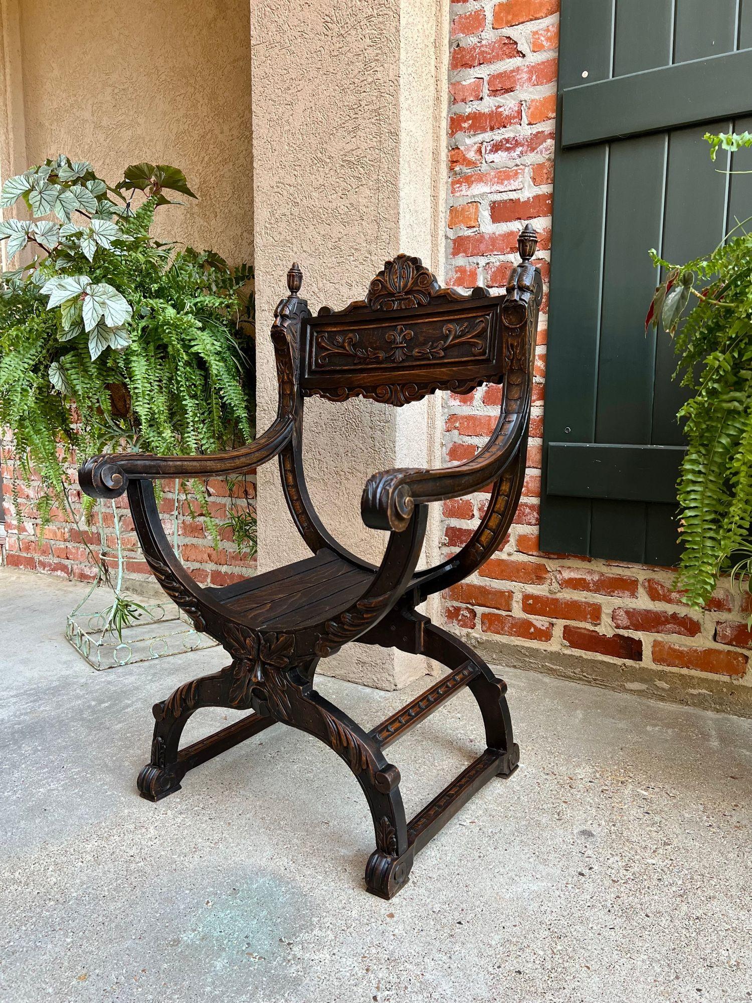 19th Century French Dagobert Arm Chair Carved Oak Curule Throne Renaissance 8