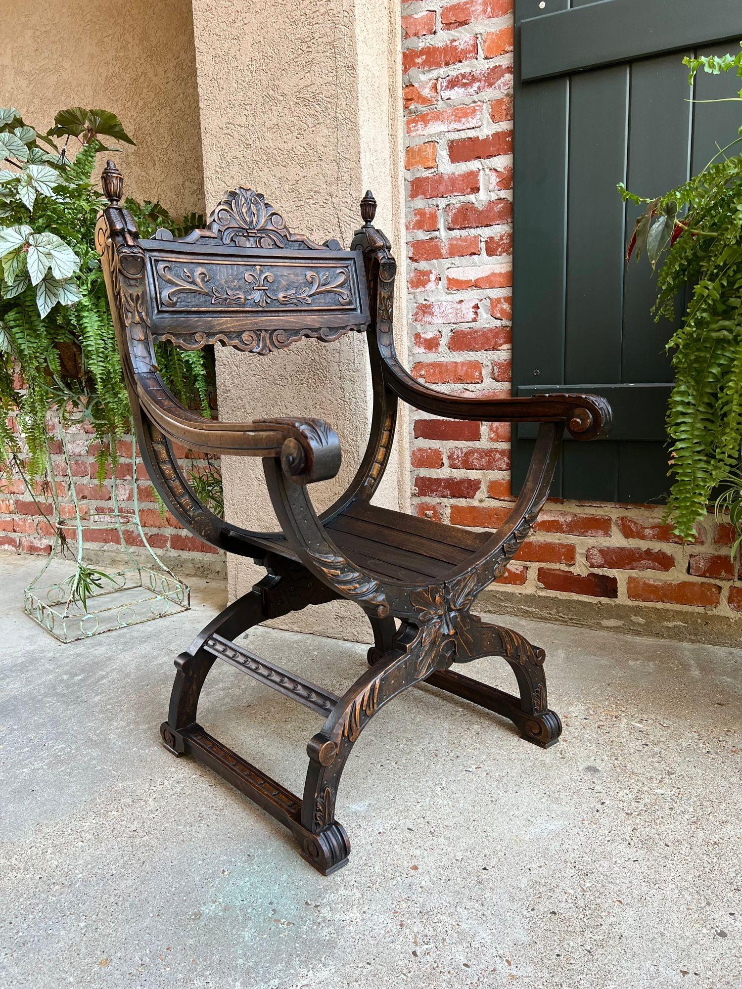 19th Century French Dagobert Arm Chair Carved Oak Curule Throne Renaissance 9
