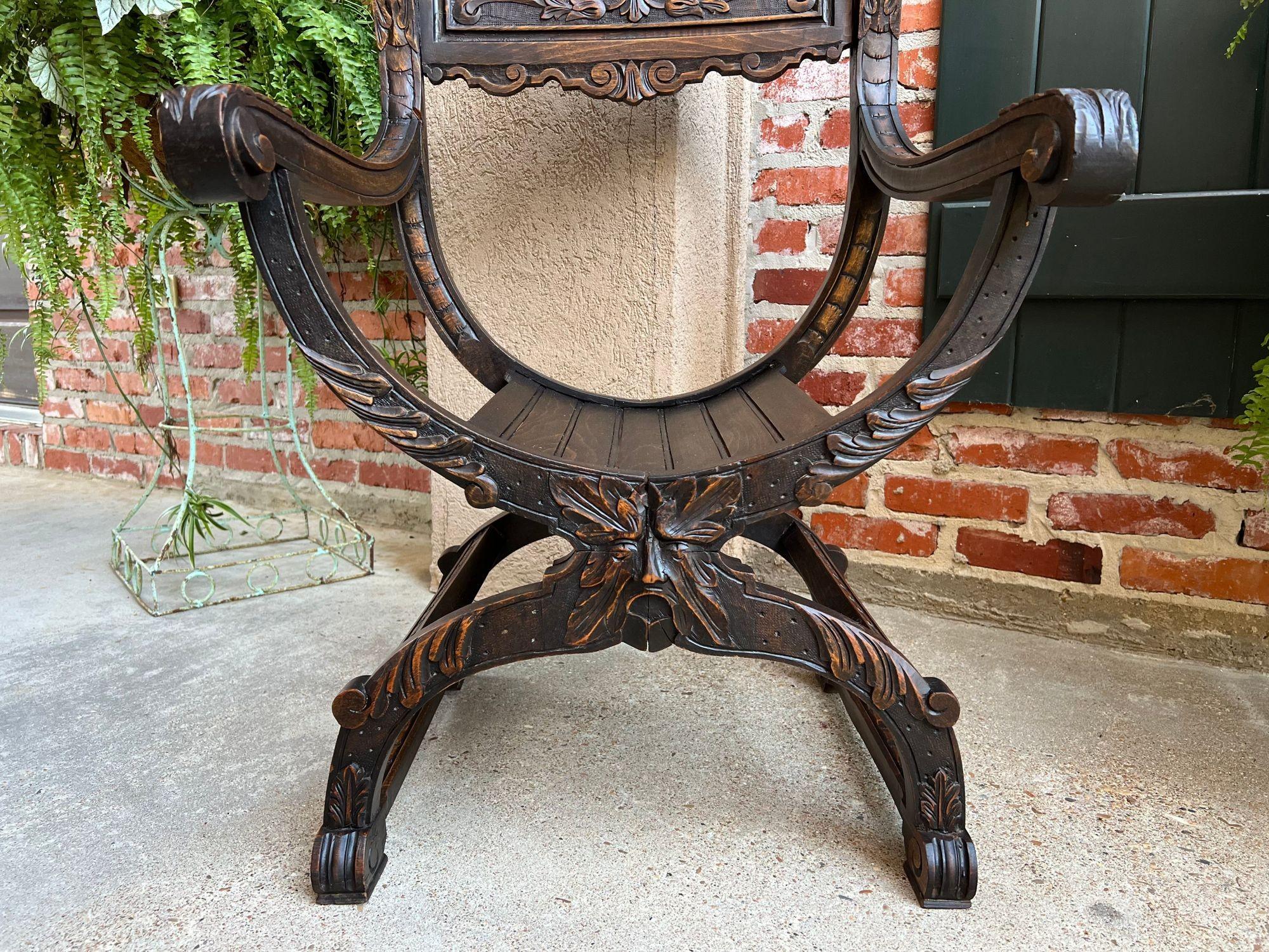 19th Century French Dagobert Arm Chair Carved Oak Curule Throne Renaissance 11