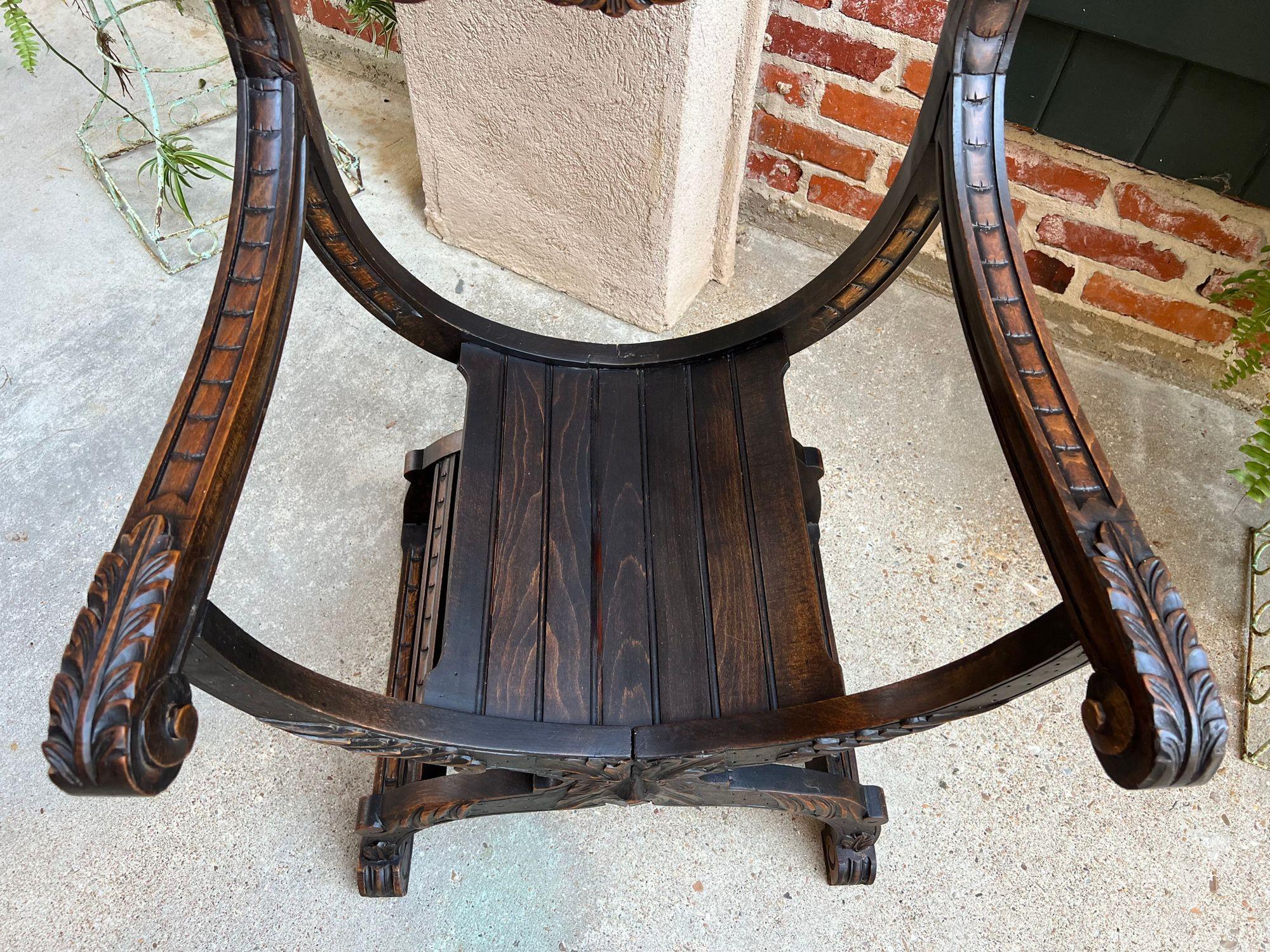 19th Century French Dagobert Arm Chair Carved Oak Curule Throne Renaissance 13