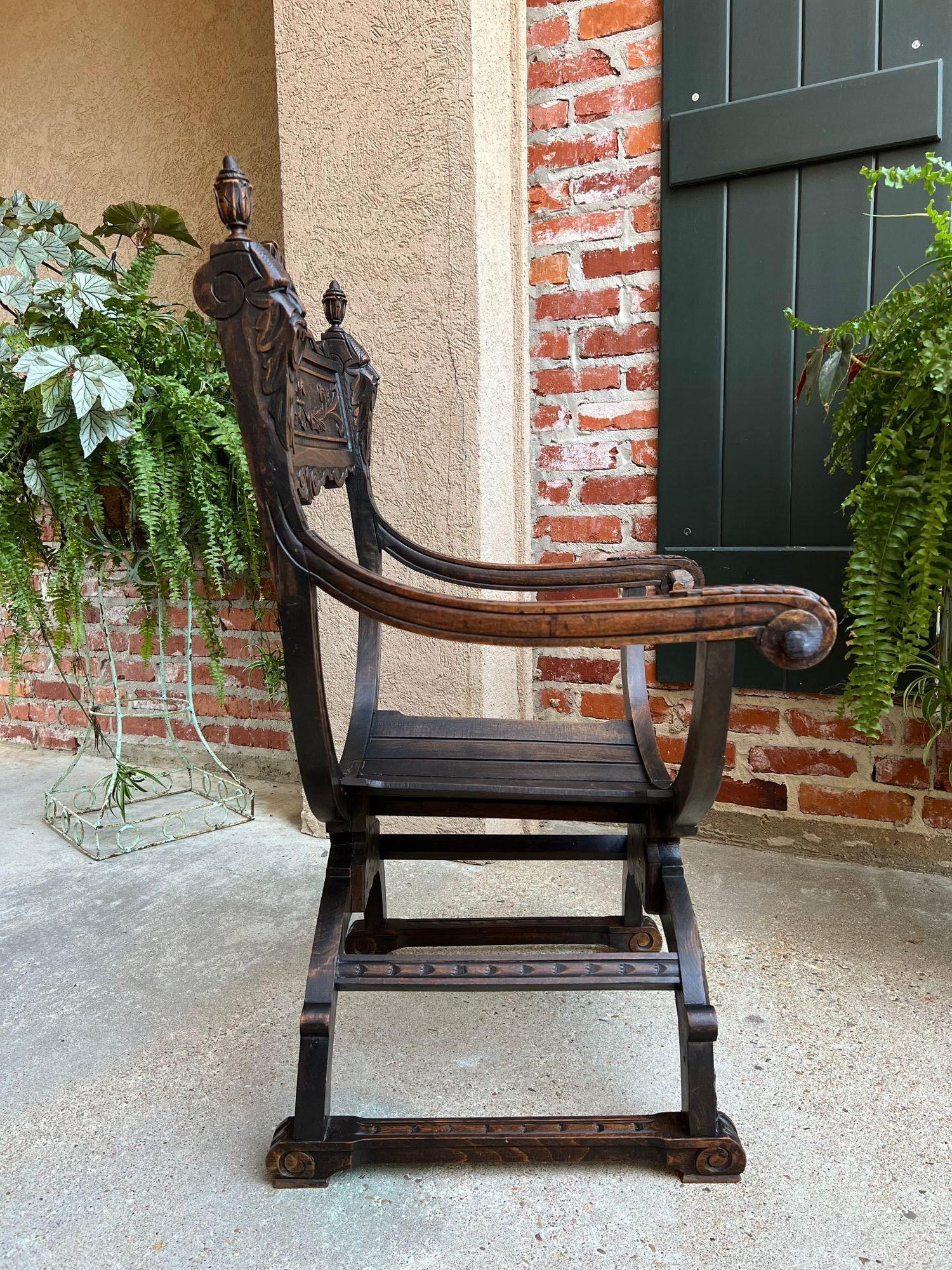 19th Century French Dagobert Arm Chair Carved Oak Curule Throne Renaissance 15