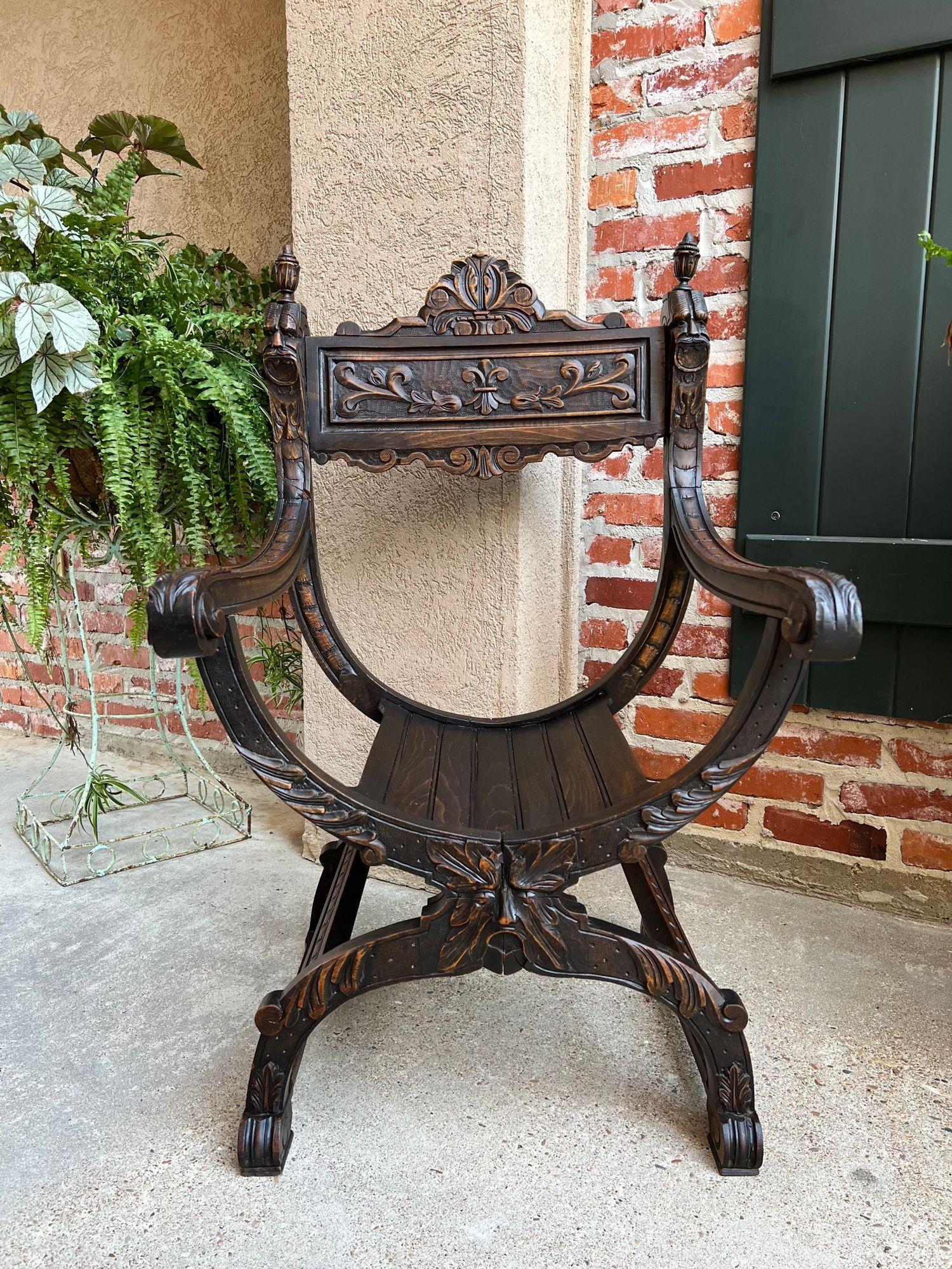 French Provincial 19th Century French Dagobert Arm Chair Carved Oak Curule Throne Renaissance