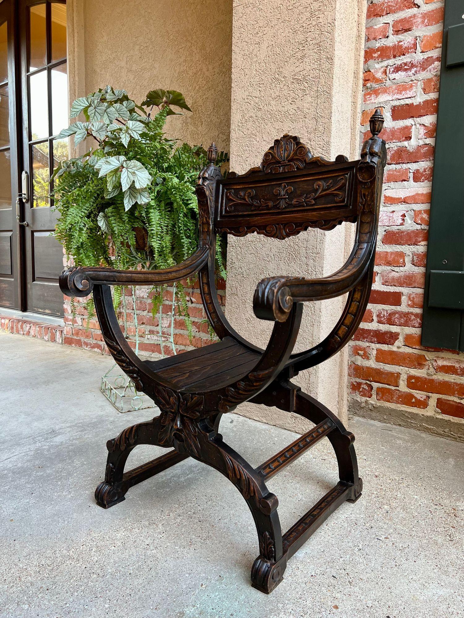 Hand-Carved 19th Century French Dagobert Arm Chair Carved Oak Curule Throne Renaissance