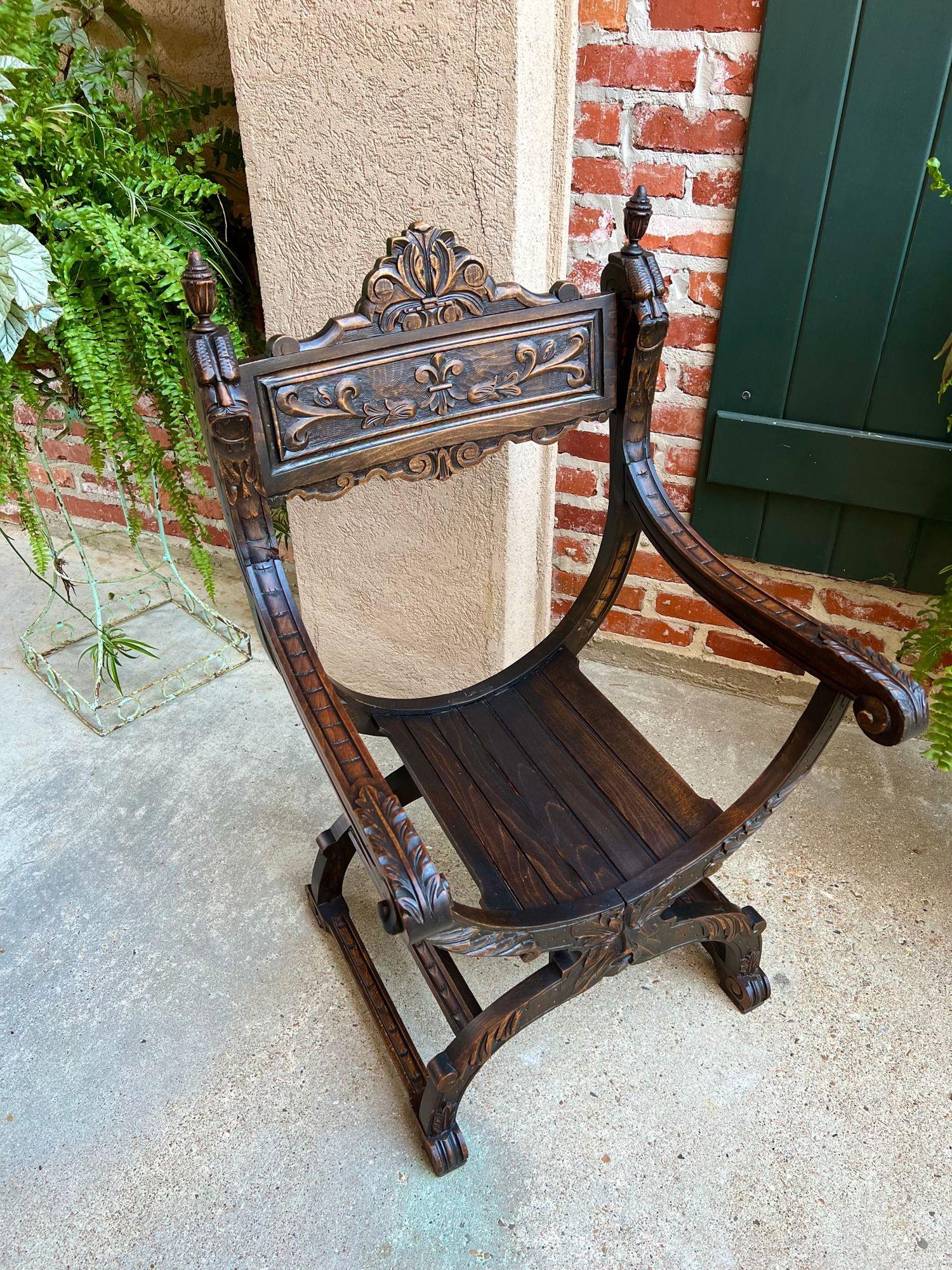 19th Century French Dagobert Arm Chair Carved Oak Curule Throne Renaissance In Good Condition In Shreveport, LA