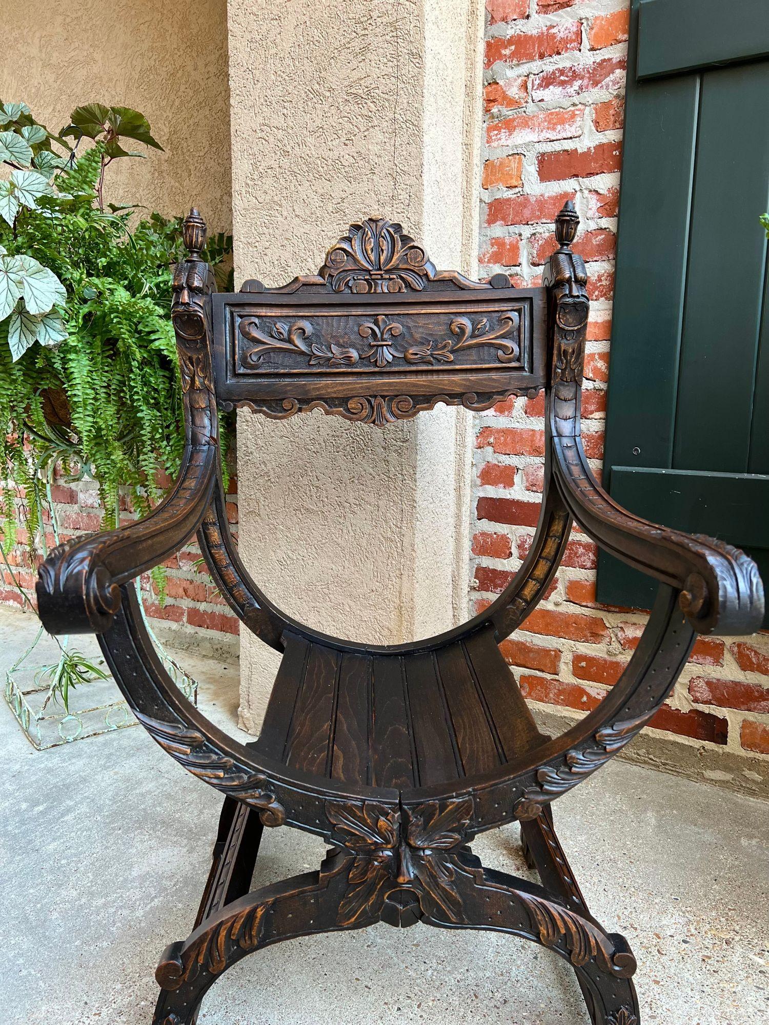 19th Century French Dagobert Arm Chair Carved Oak Curule Throne Renaissance 1