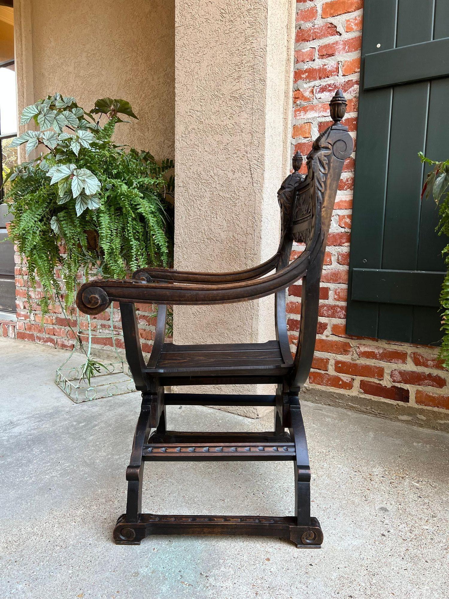 19th Century French Dagobert Arm Chair Carved Oak Curule Throne Renaissance 2