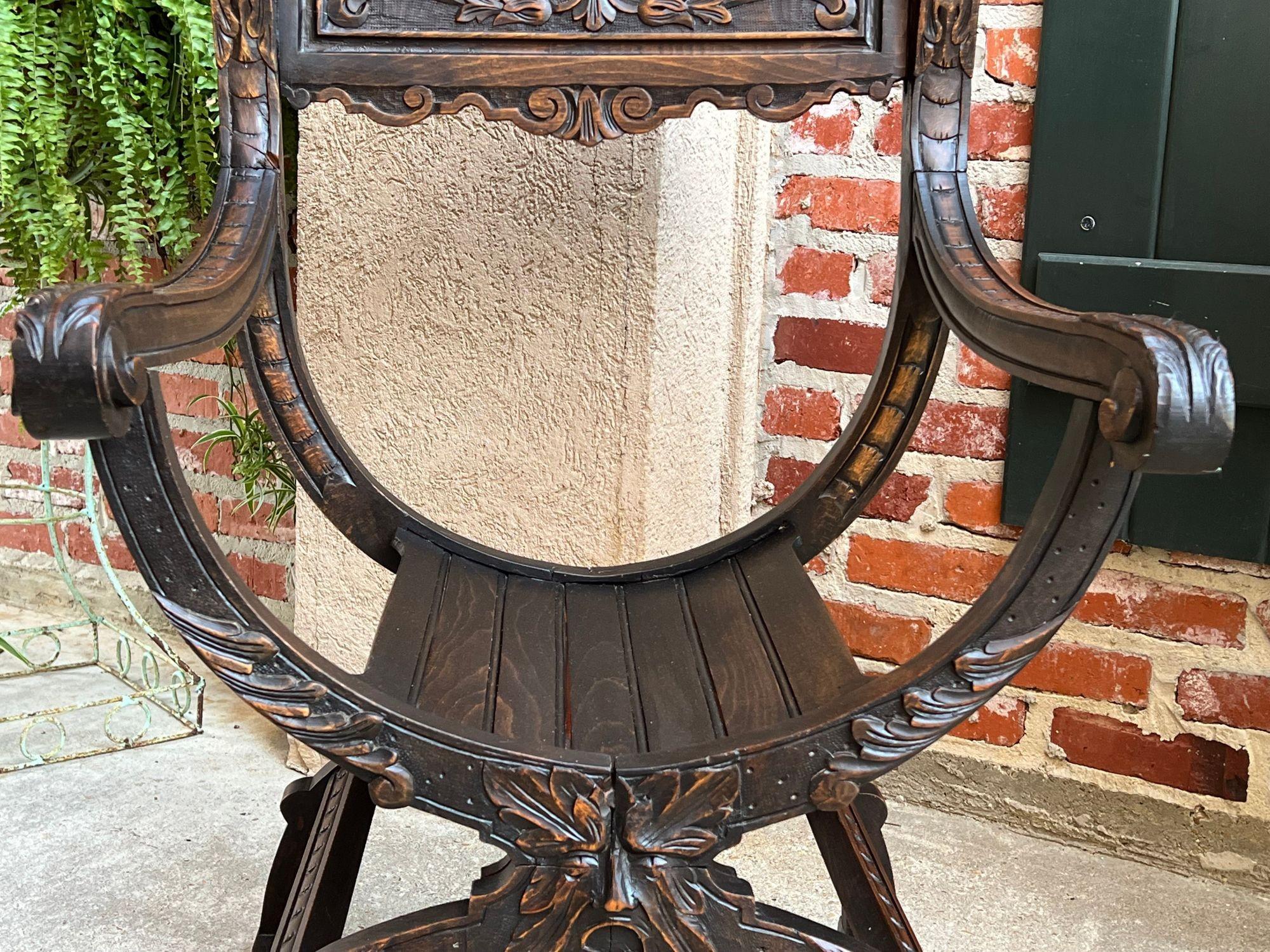 19th Century French Dagobert Arm Chair Carved Oak Curule Throne Renaissance 3