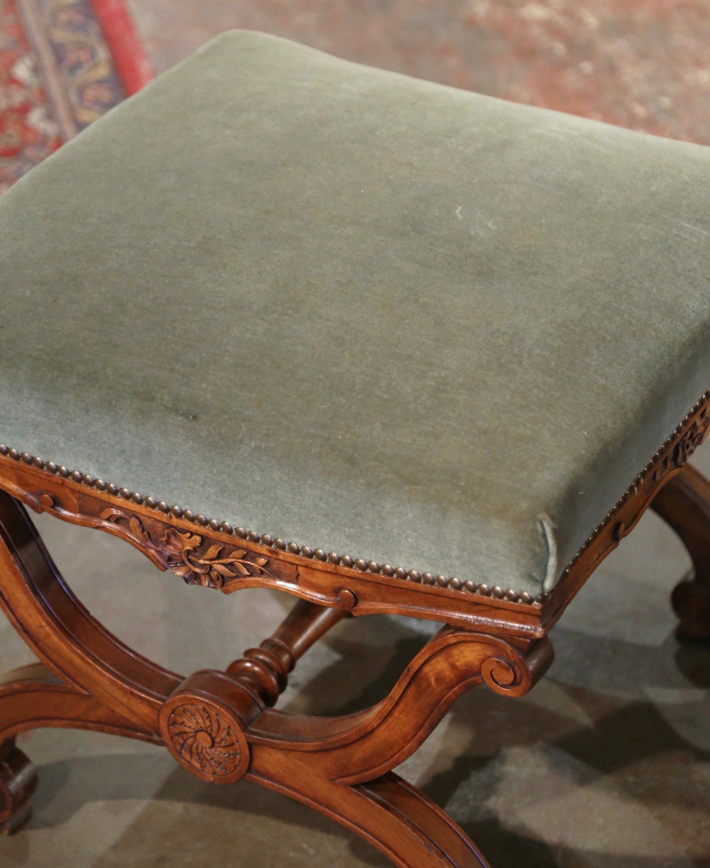 Louis XIII 19th Century French Dagobert Carved Walnut Curule Stool with Green Velvet