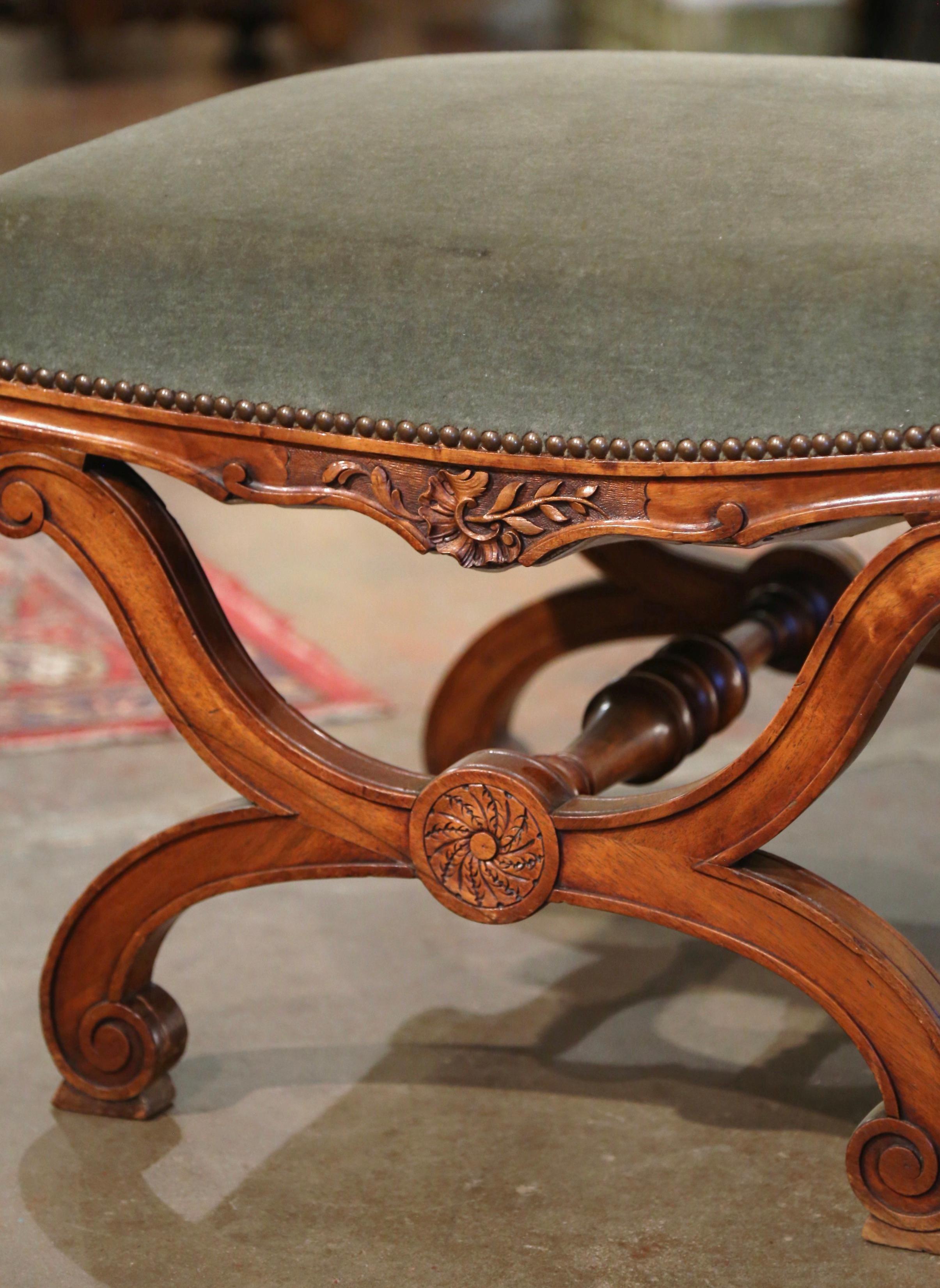 Hand-Carved 19th Century French Dagobert Carved Walnut Curule Stool with Green Velvet