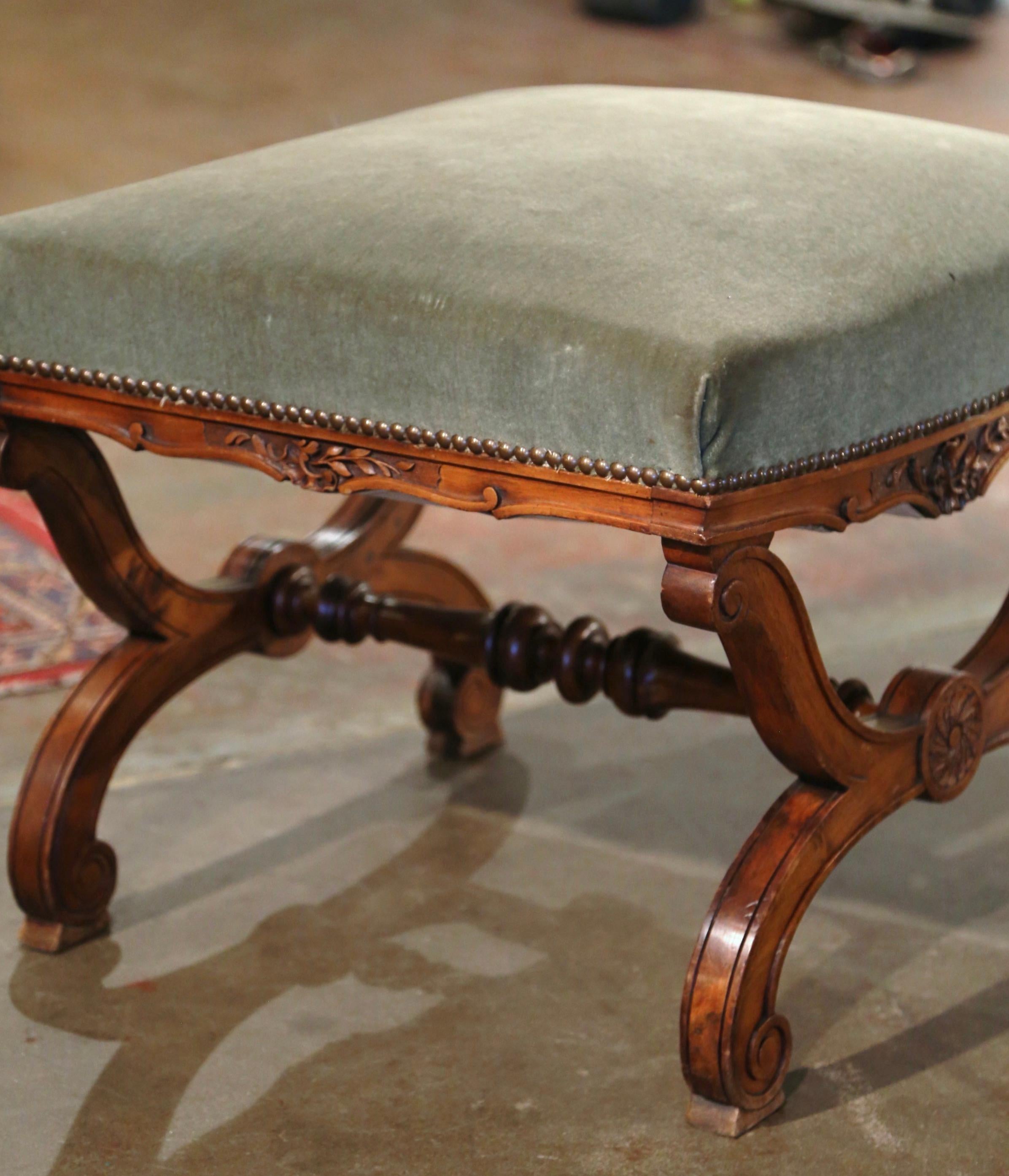 19th Century French Dagobert Carved Walnut Curule Stool with Green Velvet 2