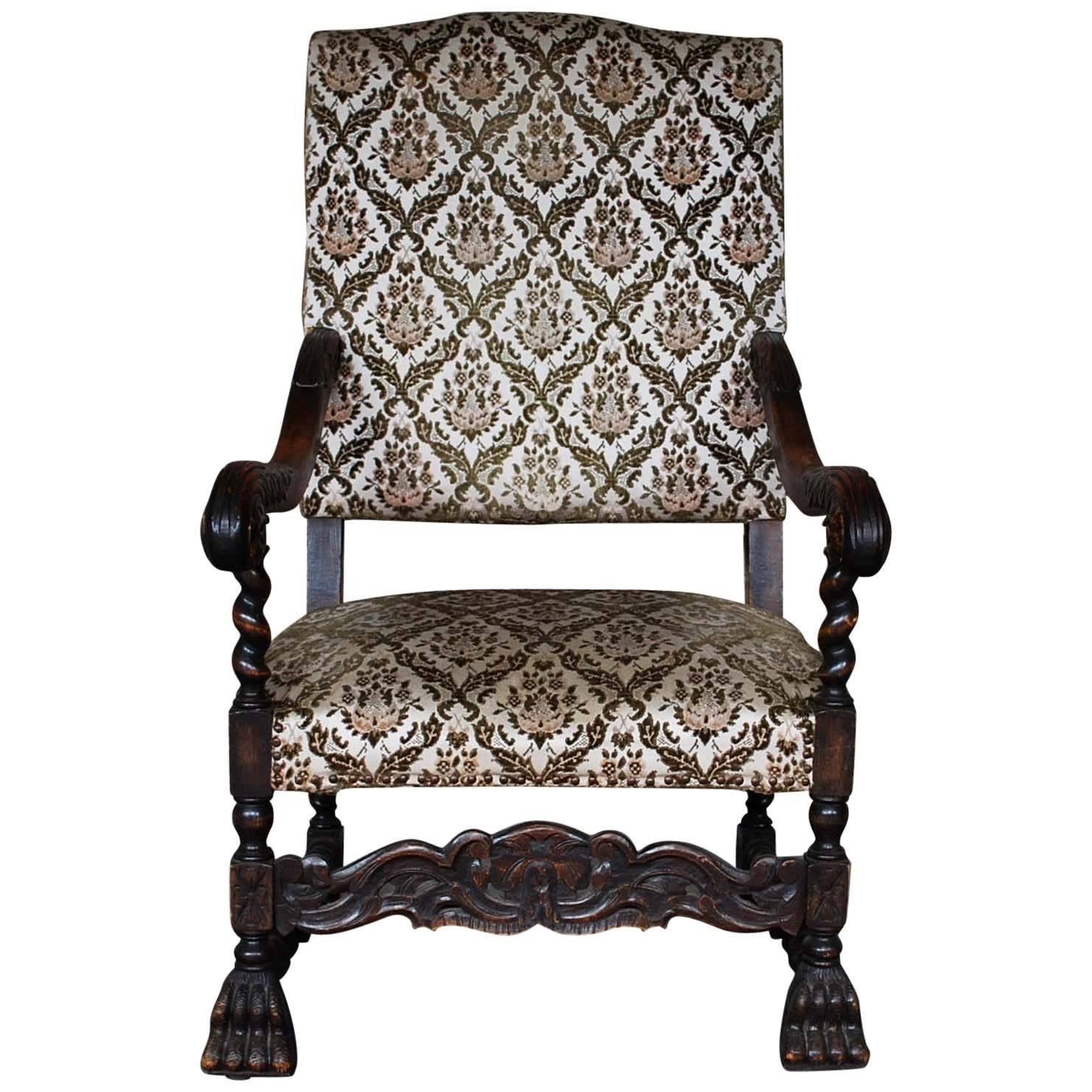 Chaise trône française du 19ème siècle en bois de hêtre teinté foncé