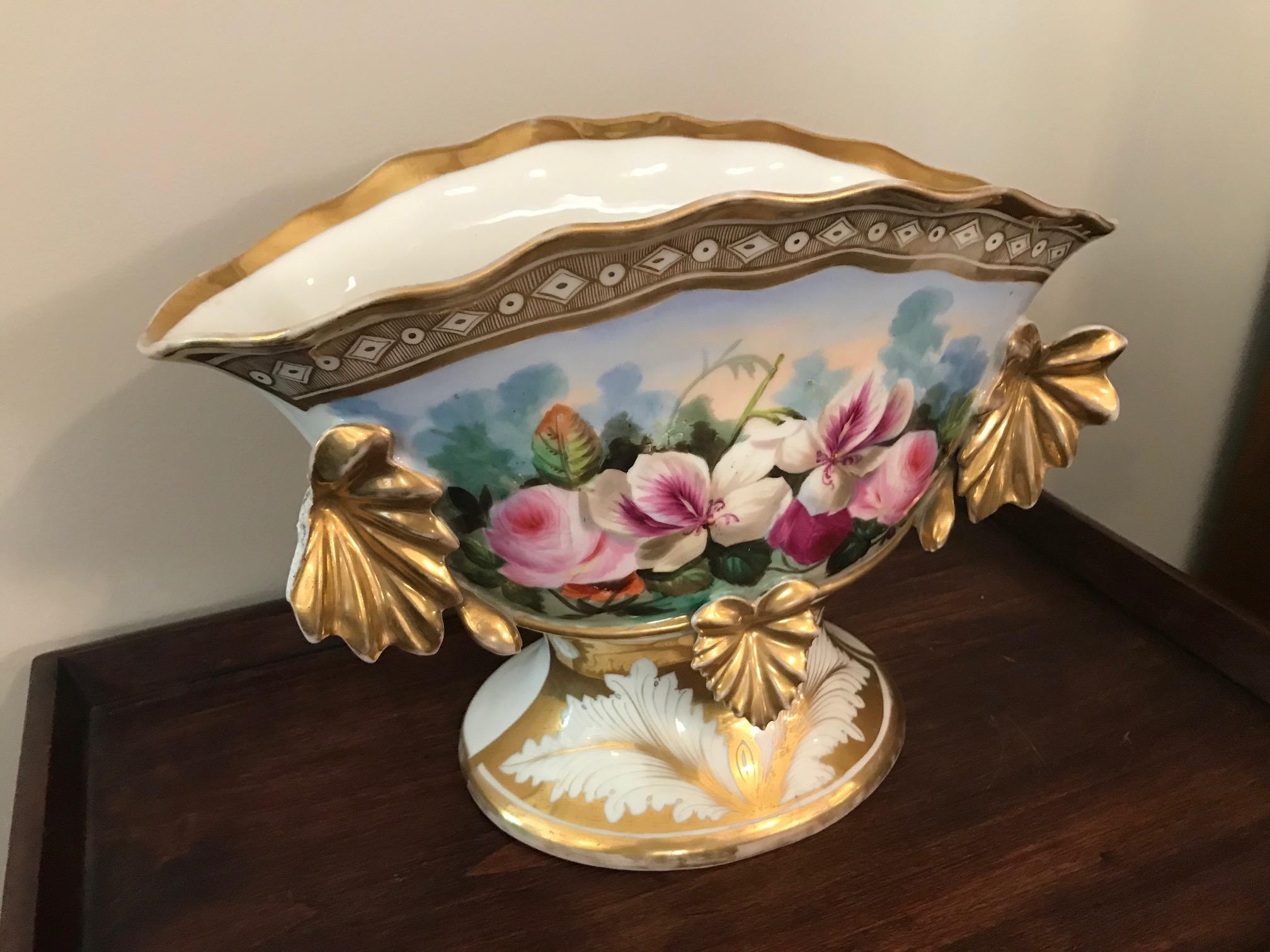 Beautiful 19th century French flower decoration porcelain wedding vase from the 1950s.
Pink and gold flowers decoration. 