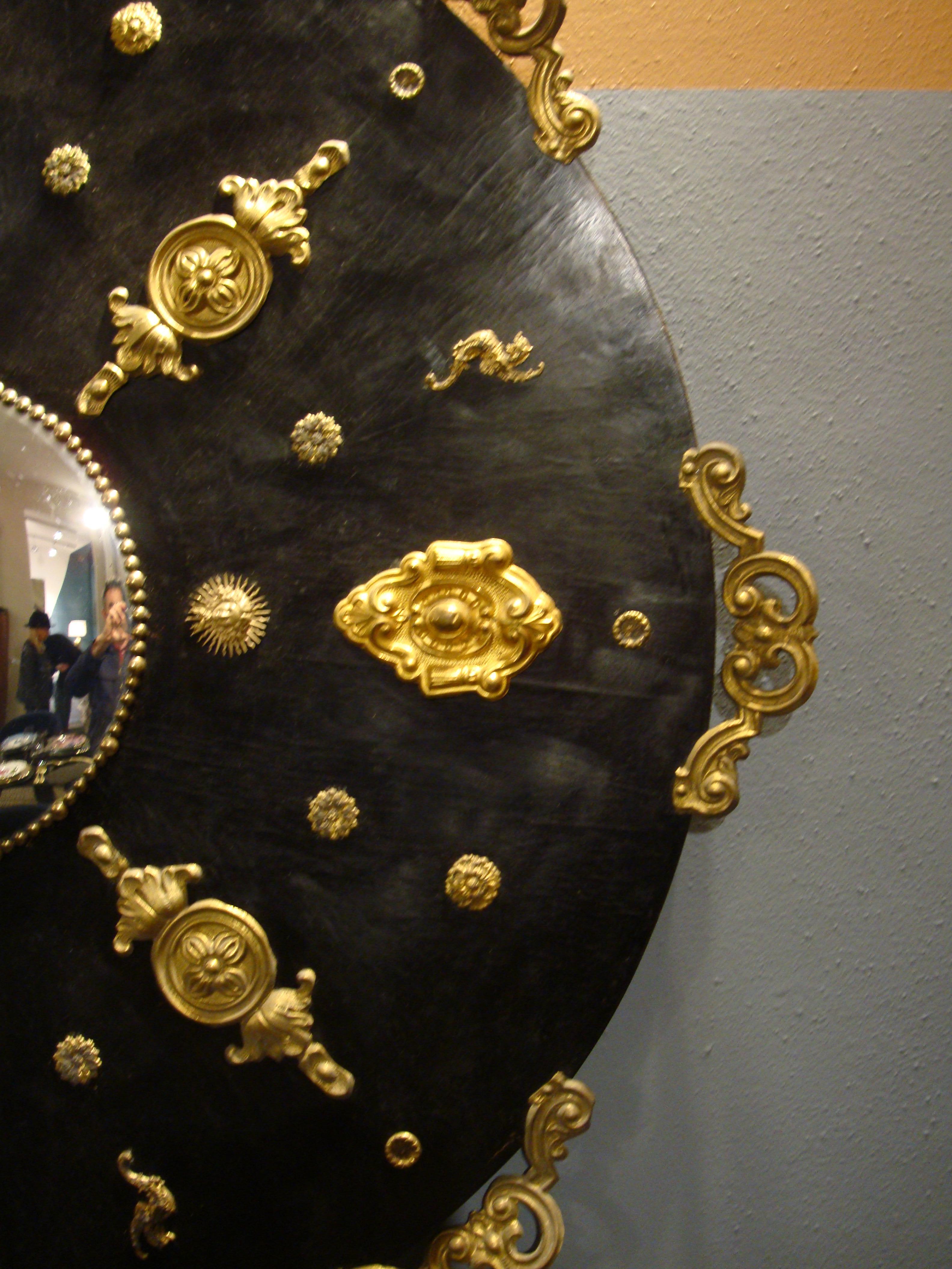 Napoleon III 19th Century French Decorative Laquered Wood Convex Mrror Brass Friezes For Sale