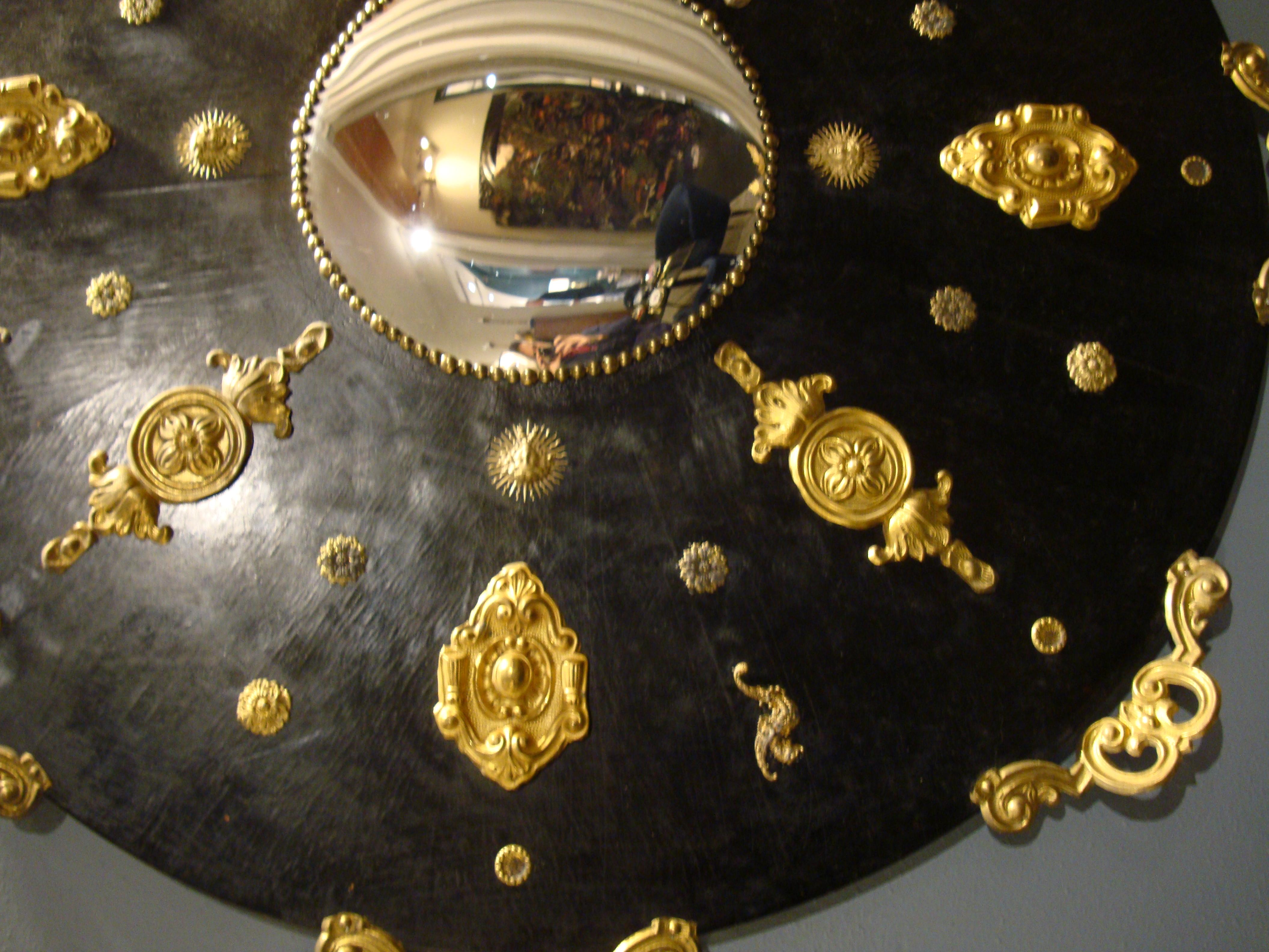 Lacquered 19th Century French Decorative Laquered Wood Convex Mrror Brass Friezes For Sale