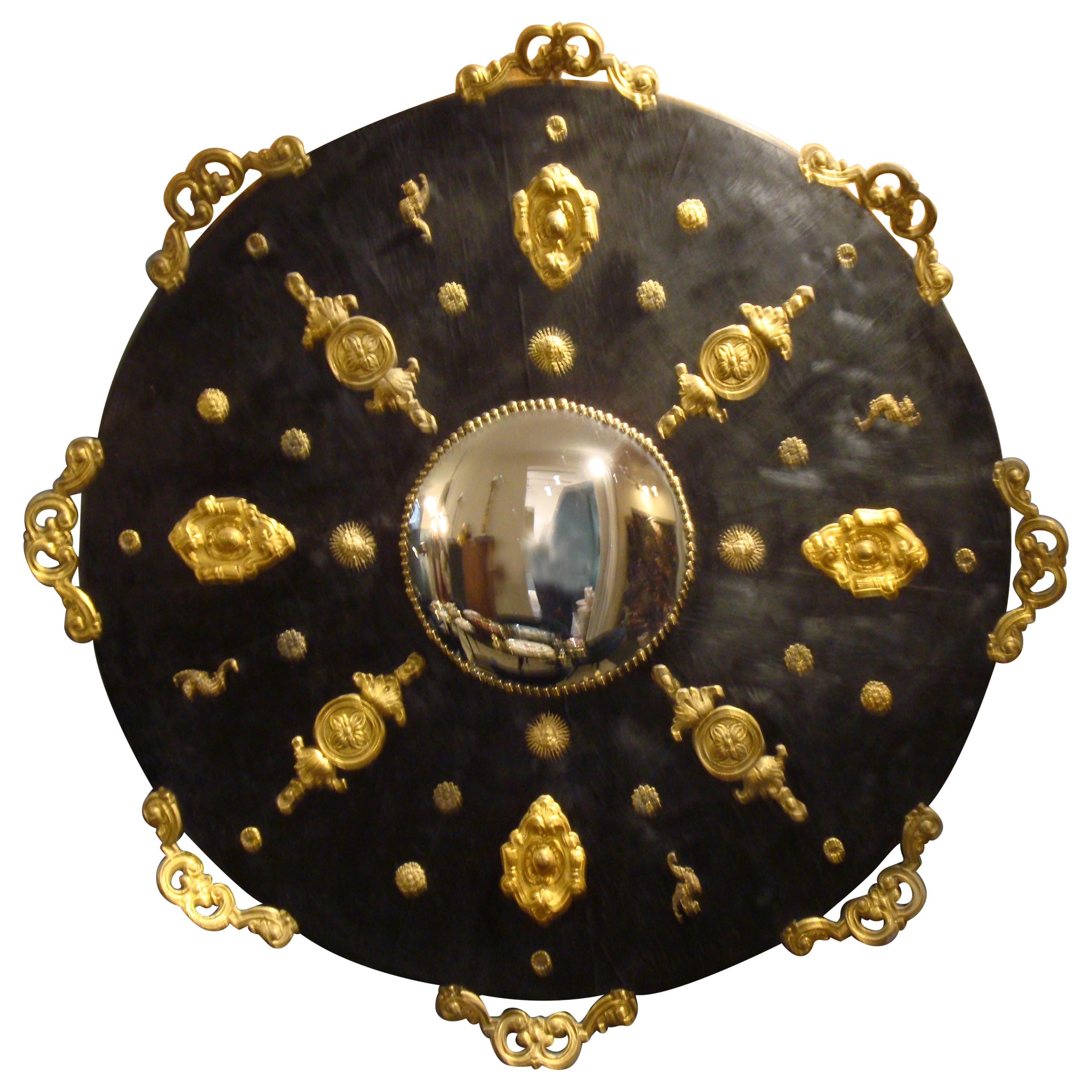 19th Century French Decorative Laquered Wood Convex Mrror Brass Friezes For Sale