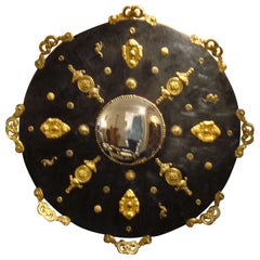 19th Century French Decorative Laquered Wood Convex Mrror Brass Friezes