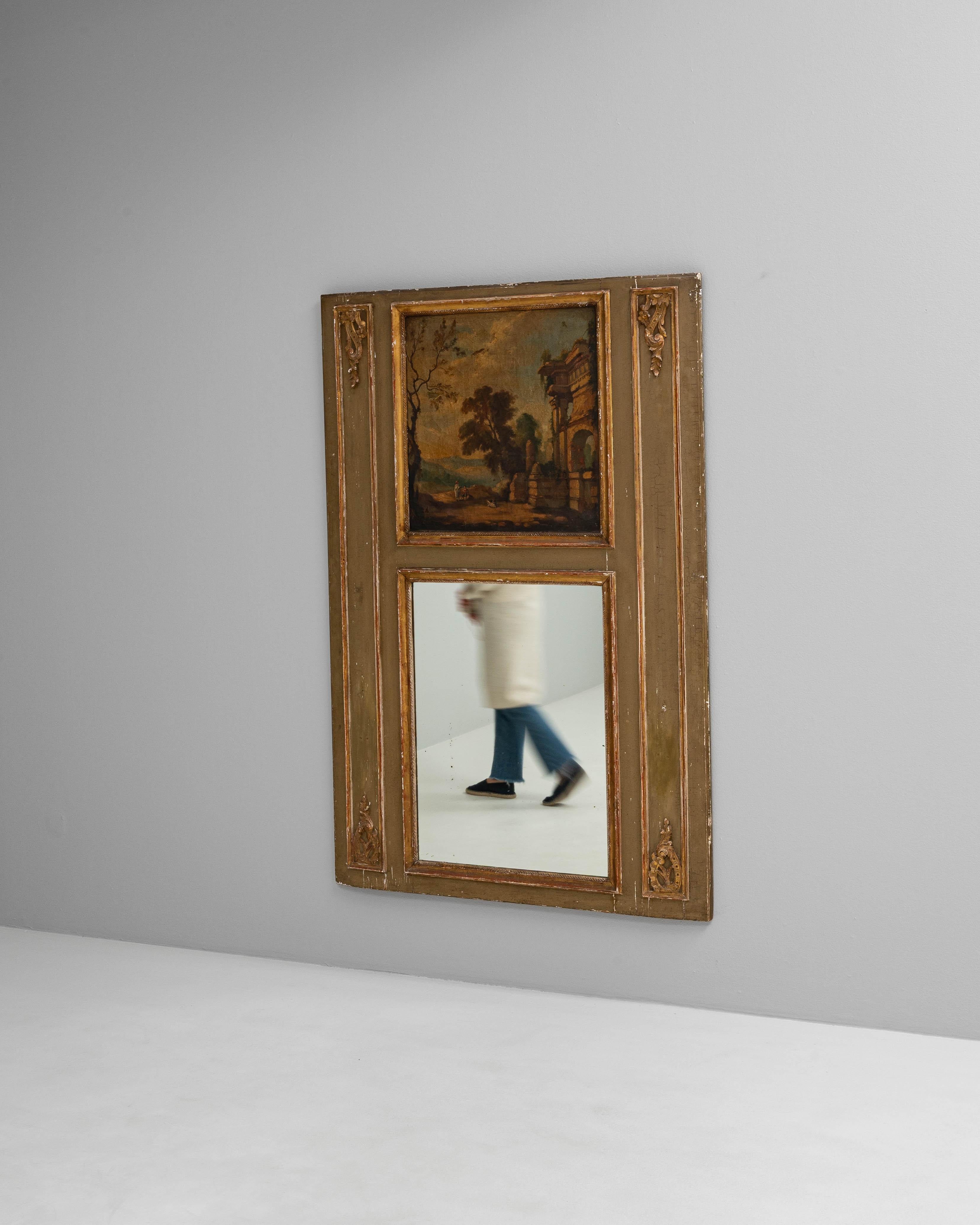Legno Specchio decorativo francese del XIX secolo con dipinto in vendita