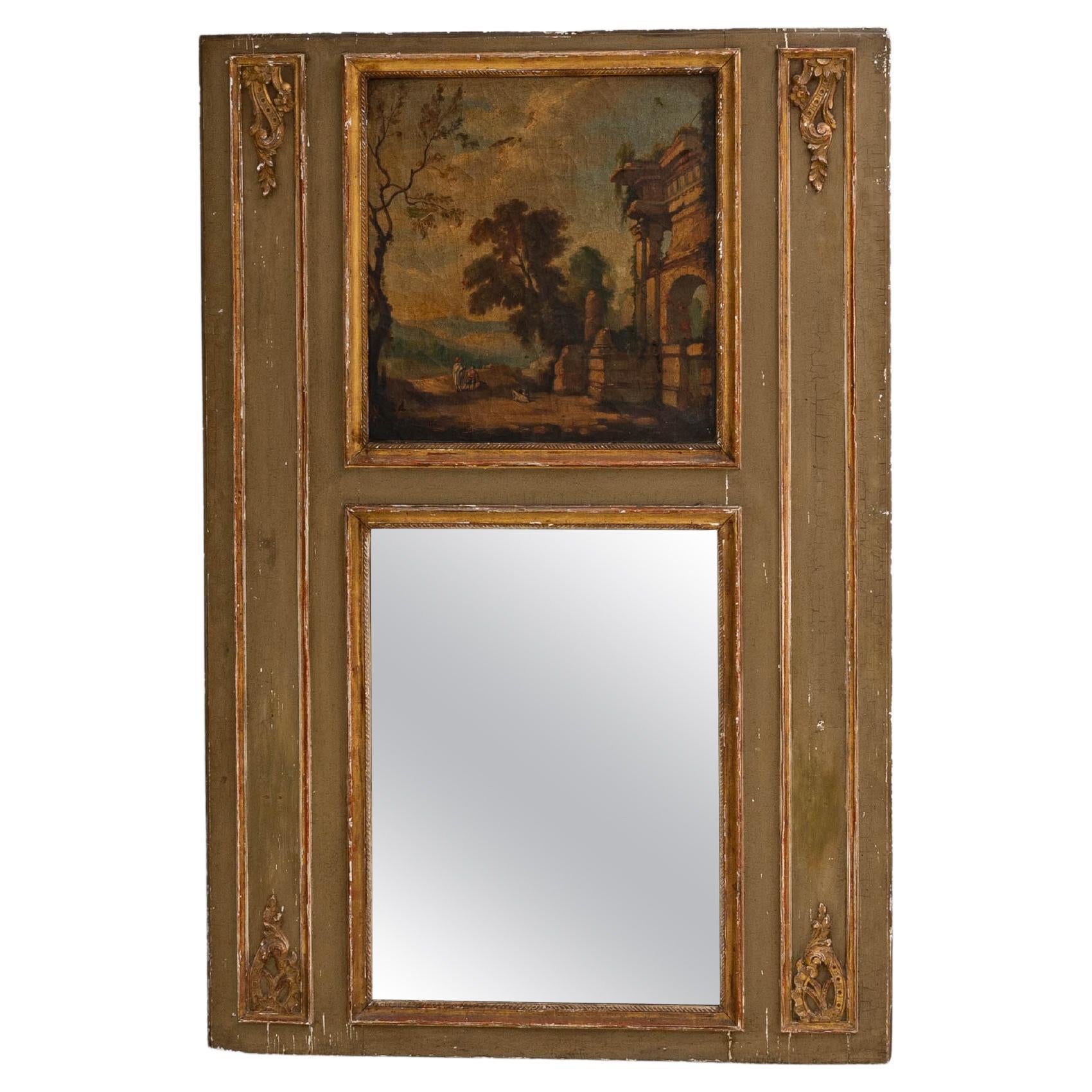 Specchio decorativo francese del XIX secolo con dipinto in vendita