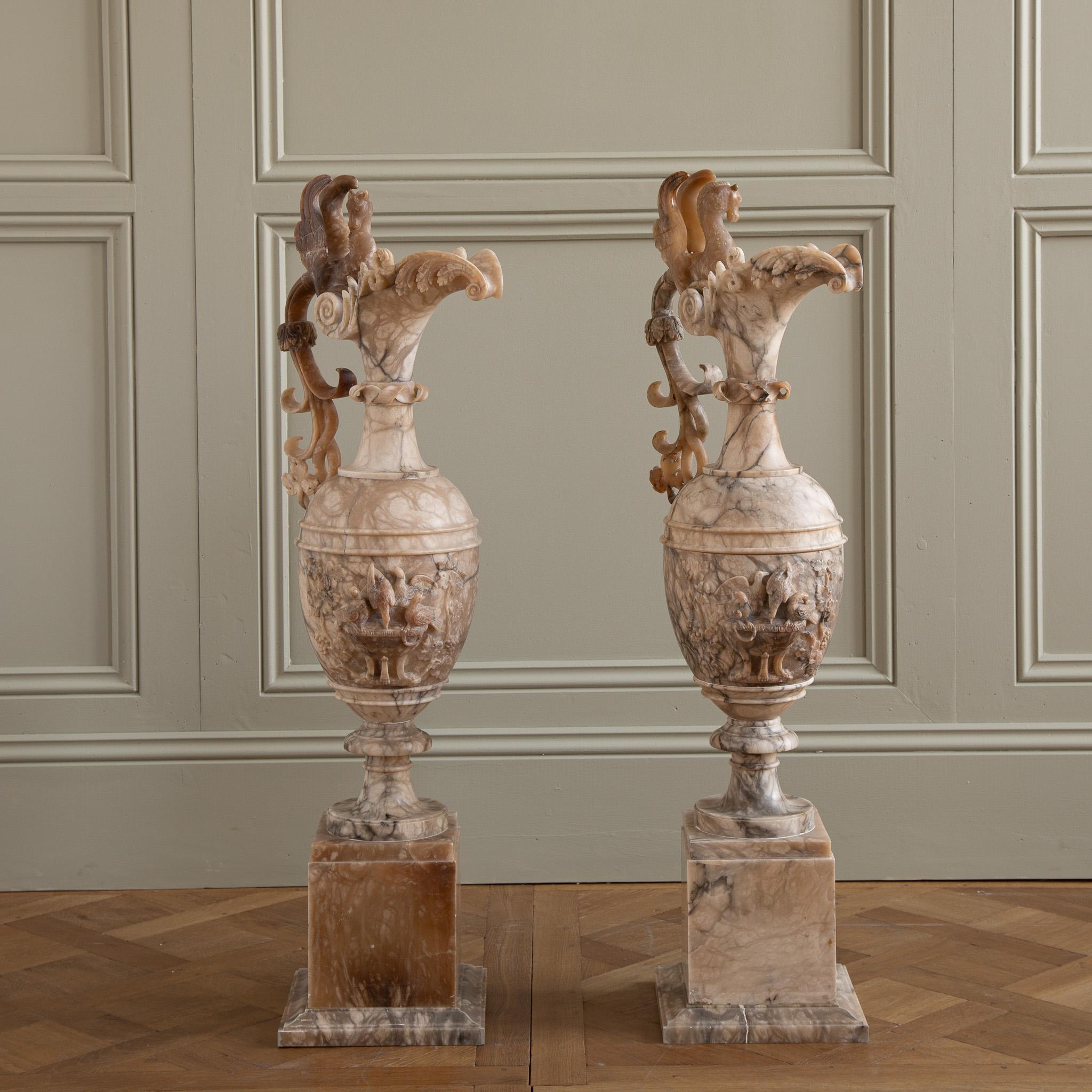 Large 19th Century  Decorative Pair Of Alabaster Marble Jugs/Pitchers On Plinths 5