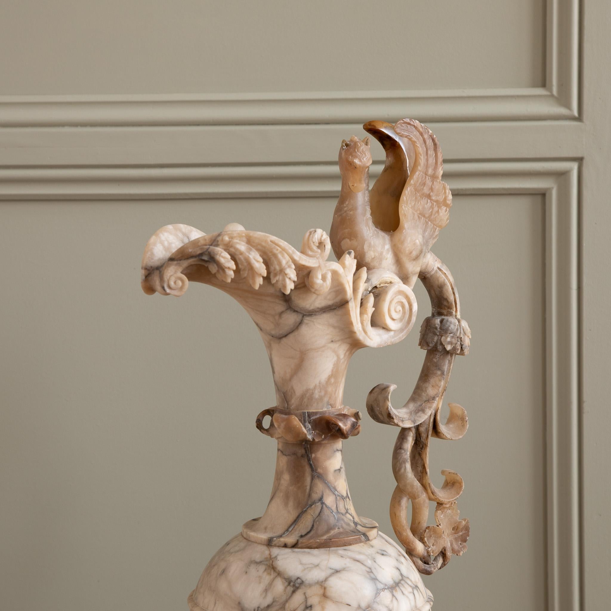 Neoclassical Large 19th Century  Decorative Pair Of Alabaster Marble Jugs/Pitchers On Plinths