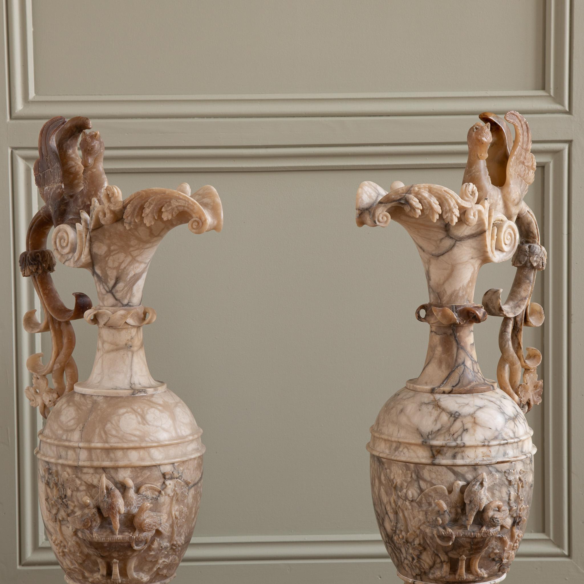 French Large 19th Century  Decorative Pair Of Alabaster Marble Jugs/Pitchers On Plinths