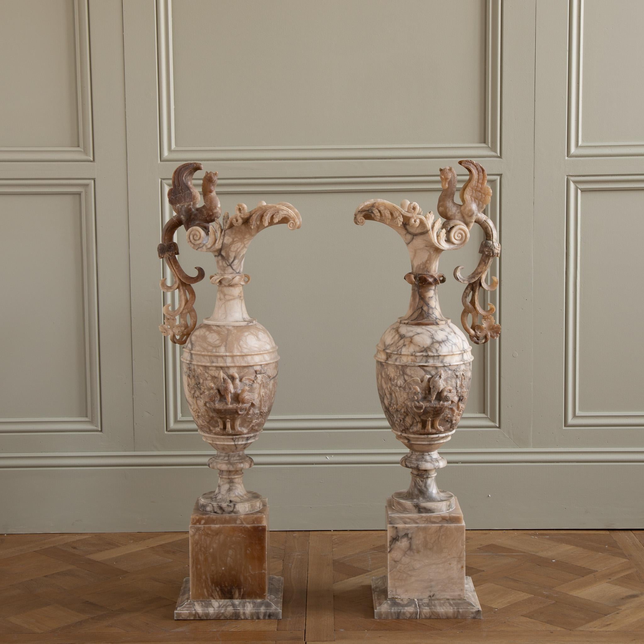 Large 19th Century  Decorative Pair Of Alabaster Marble Jugs/Pitchers On Plinths 1