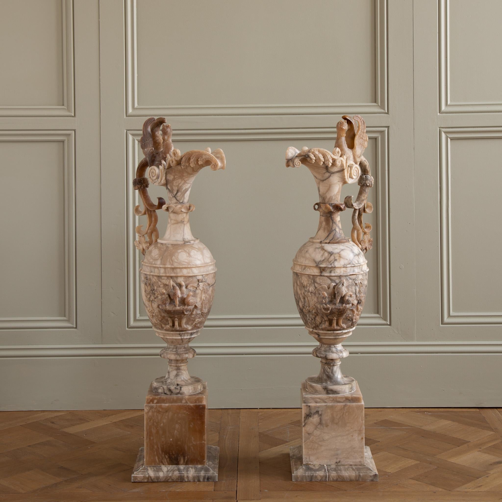 Large 19th Century  Decorative Pair Of Alabaster Marble Jugs/Pitchers On Plinths 2