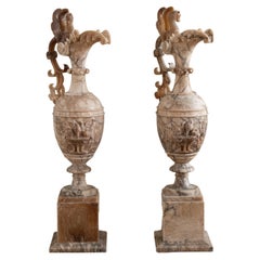 Large 19th Century  Decorative Pair Of Alabaster Marble Jugs/Pitchers On Plinths