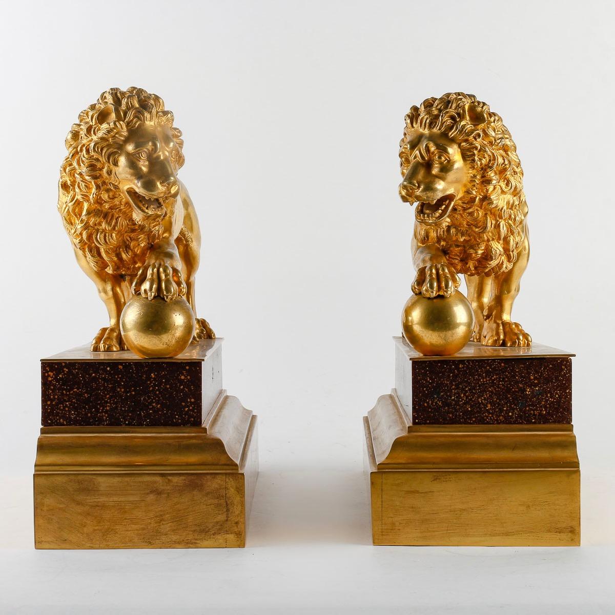 Gilt 19th Century French Decorative Pair of Ormolu Medici Lions 