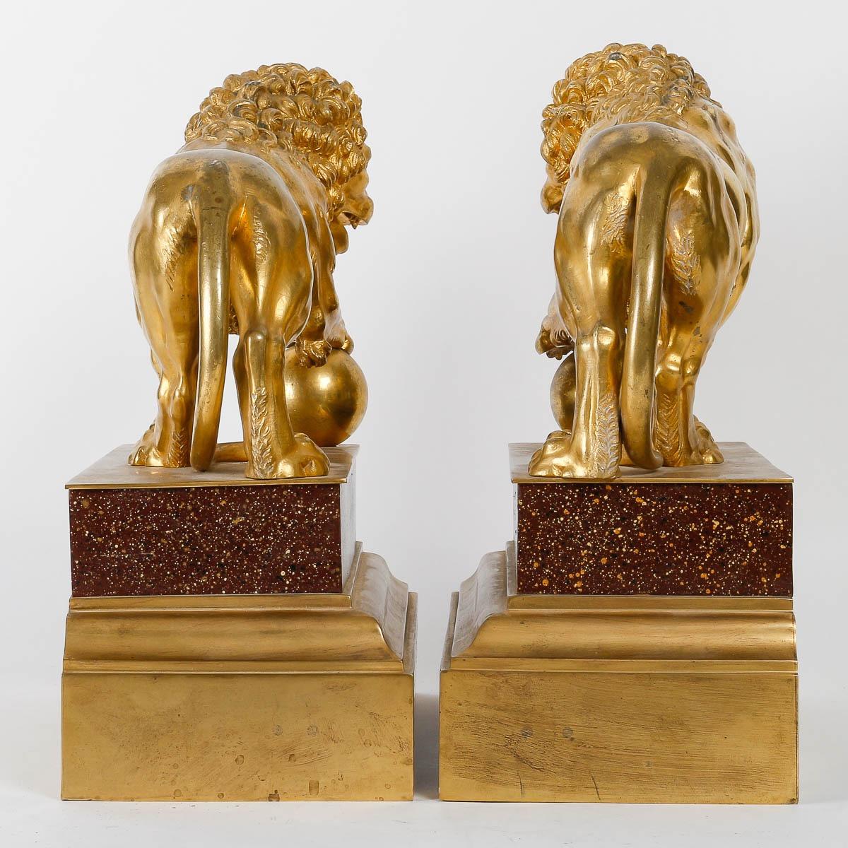 19th Century French Decorative Pair of Ormolu Medici Lions  1