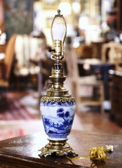 19th Century French Delft Blue and White Painted Porcelain and Brass Oil Lamp