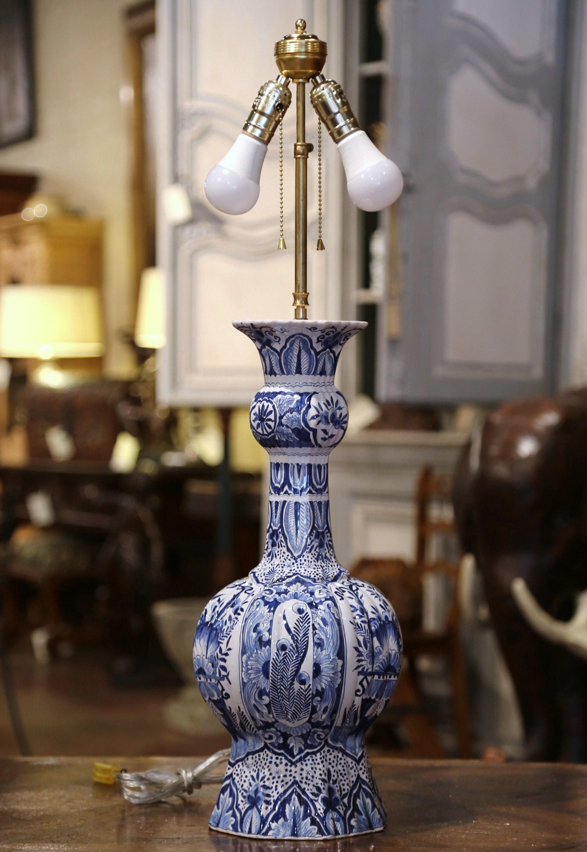 Hand-Painted 19th Century French Delft Hand Painted Blue and White Faience Table Lamp