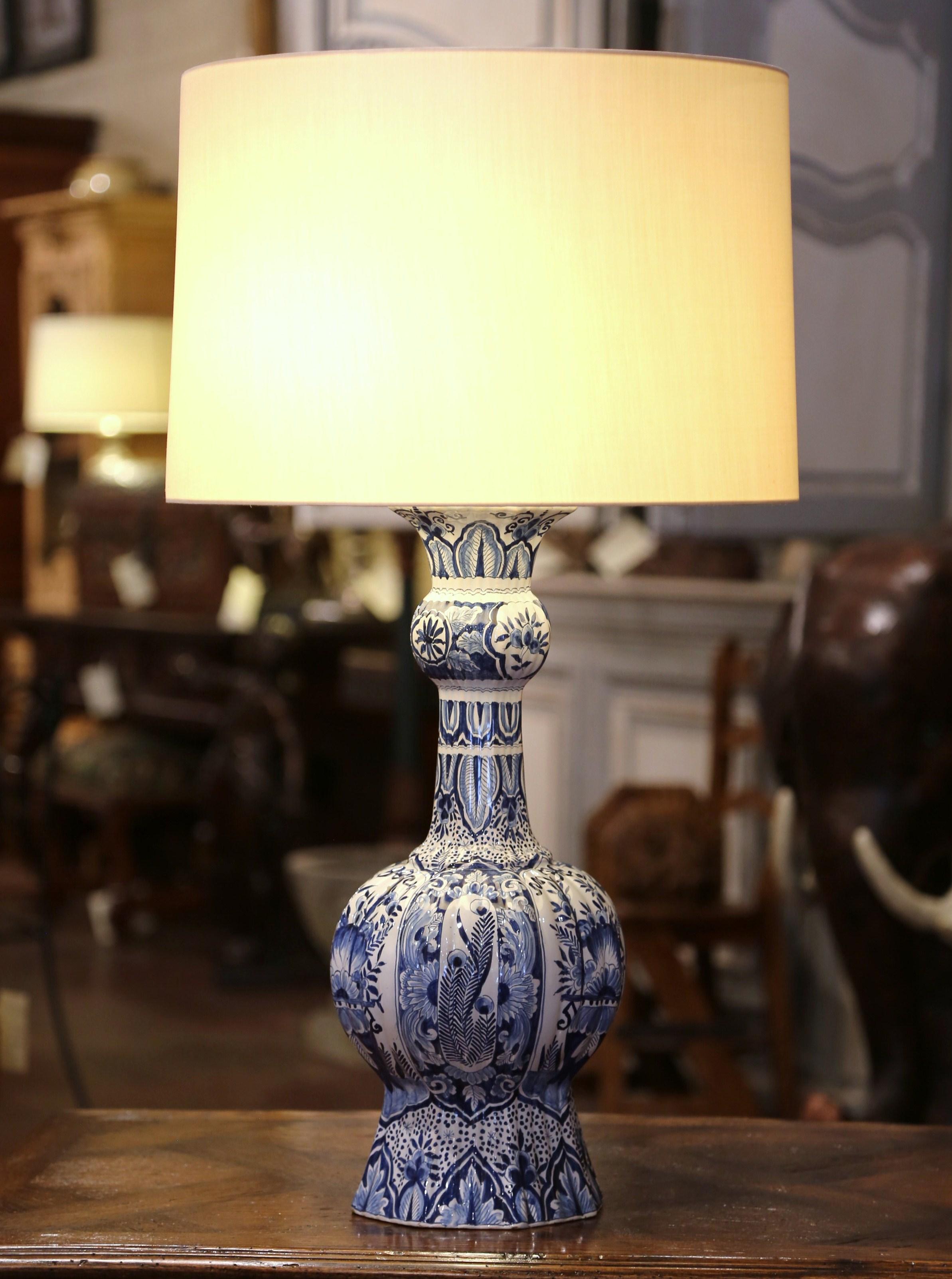 19th Century French Delft Hand Painted Blue and White Faience Table Lamp 1