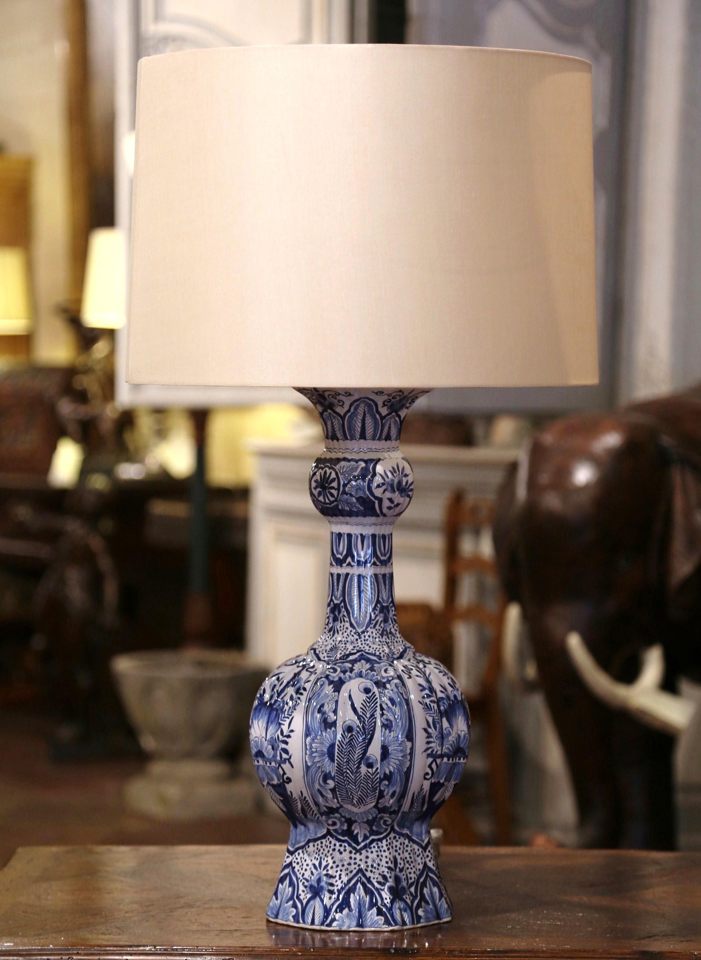 19th Century French Delft Hand Painted Blue and White Faience Table Lamp 2