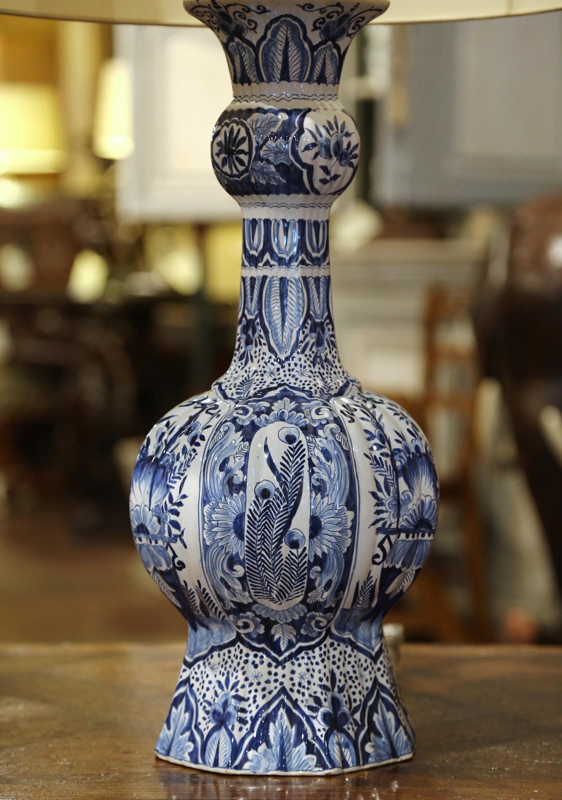 19th Century French Delft Hand Painted Blue and White Faience Table Lamp 4