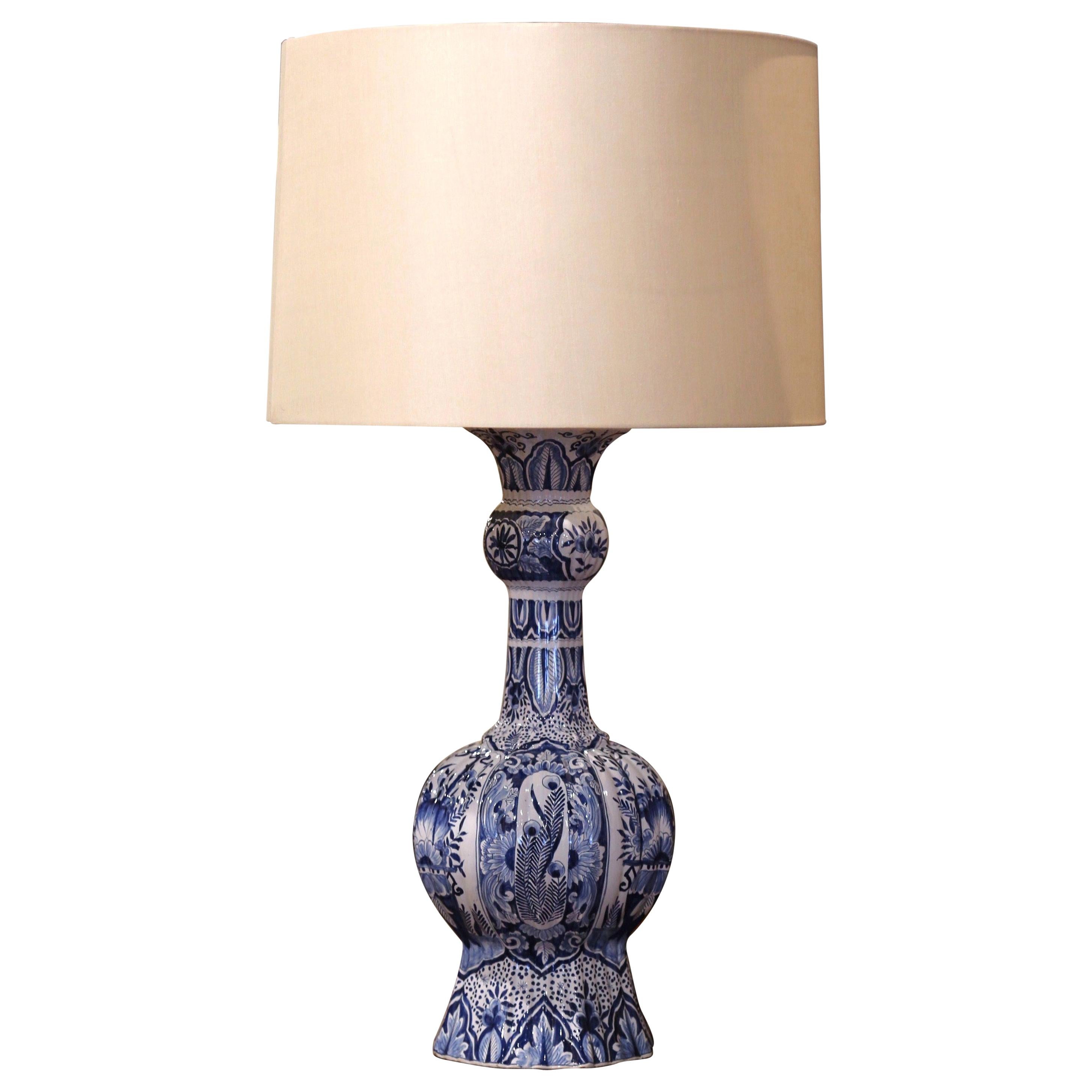 19th Century French Delft Hand Painted Blue and White Faience Table Lamp