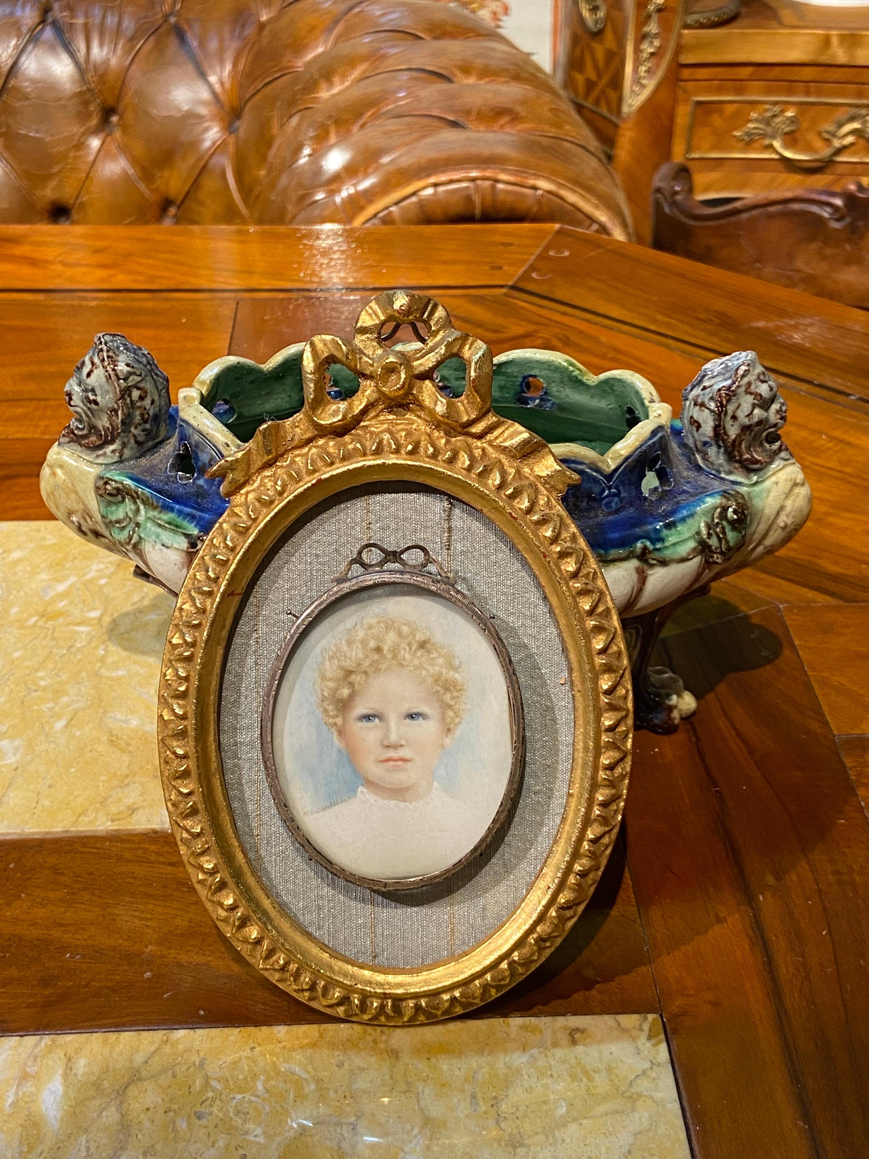 Hand-Painted 19th Century French Delicate Small Double Framed Painting of a Young Blond Child For Sale