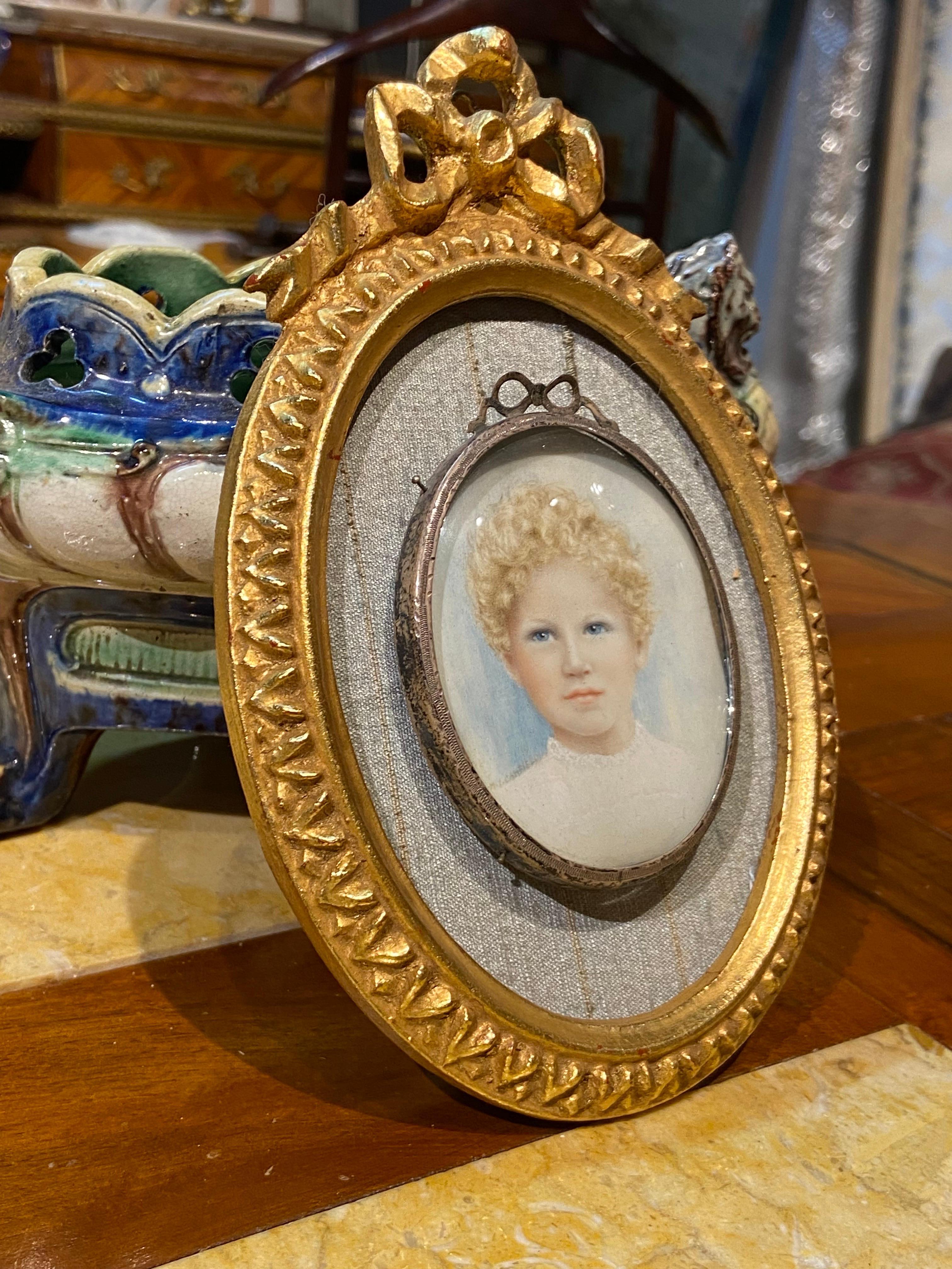 19th Century French Delicate Small Double Framed Painting of a Young Blond Child In Good Condition For Sale In Sofia, BG
