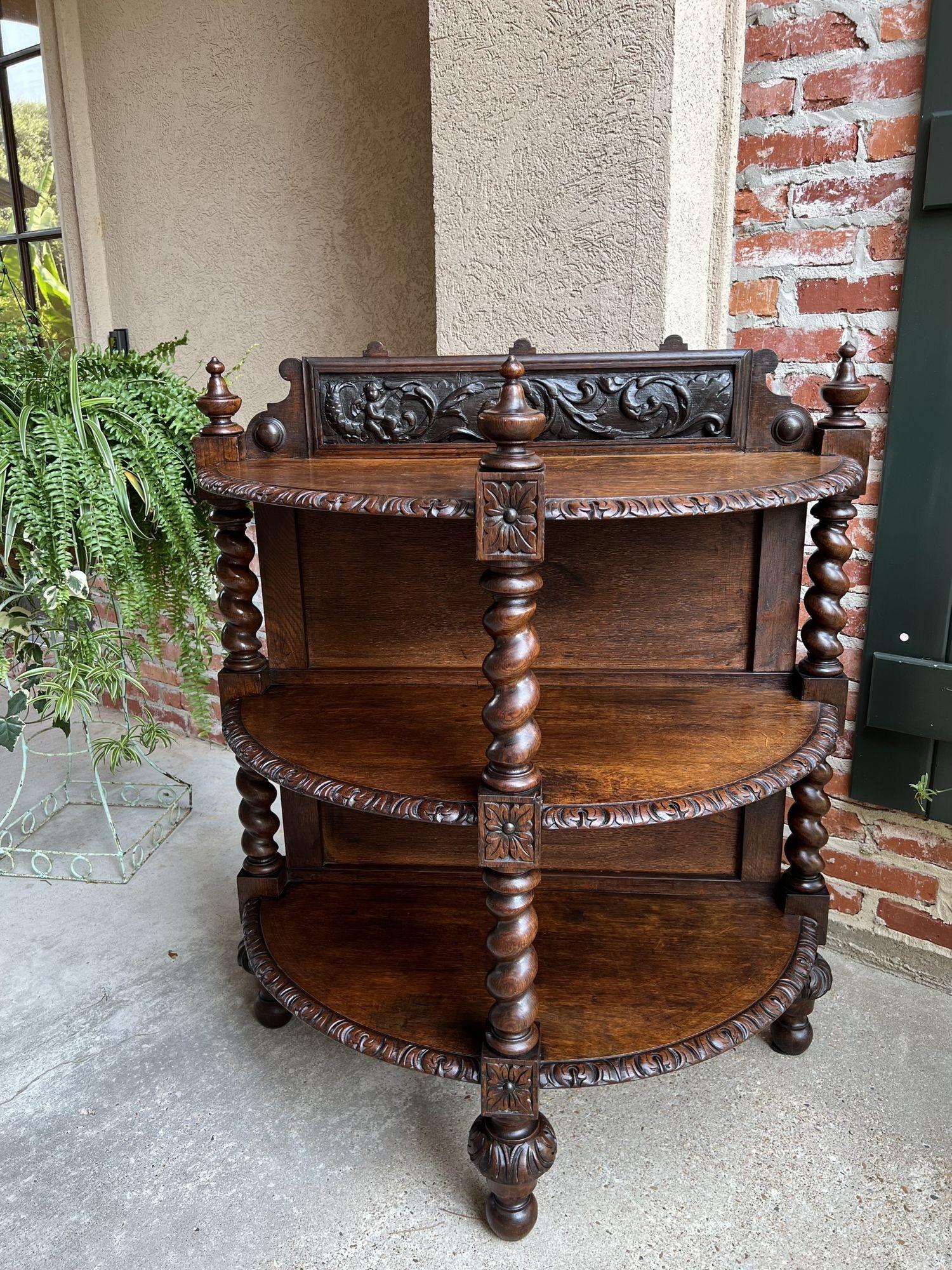 Hand-Carved Antique French Demilune Table Bookcase Barley Twist Carved Oak Louis XIII c1890 For Sale
