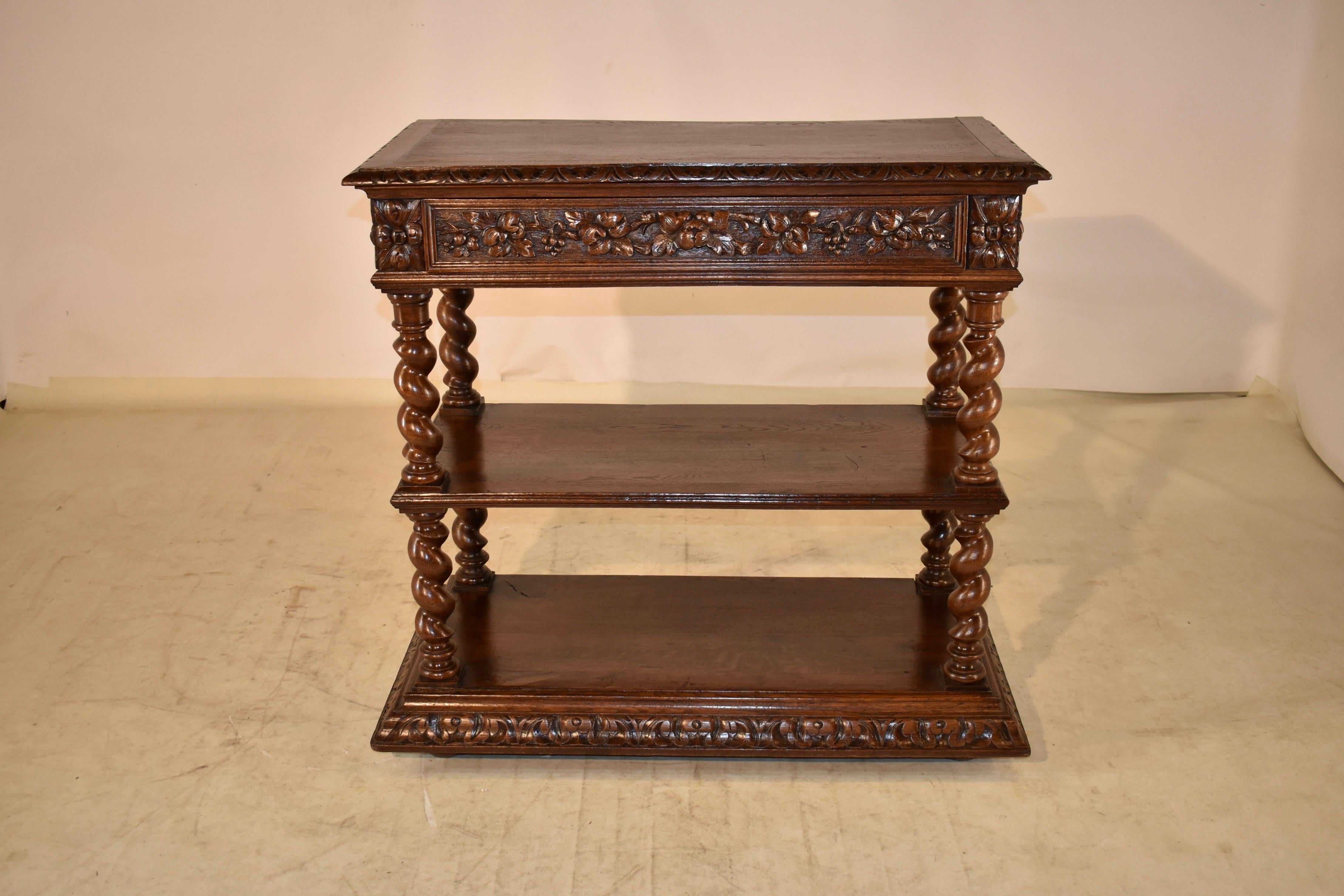 19th century oak dessert buffet from France with a banded edge around the top , which also features a beveled and hand carved decorated edge. The top lifts to reveal another top, which can be used for serving. The sides are paneled, as well as the