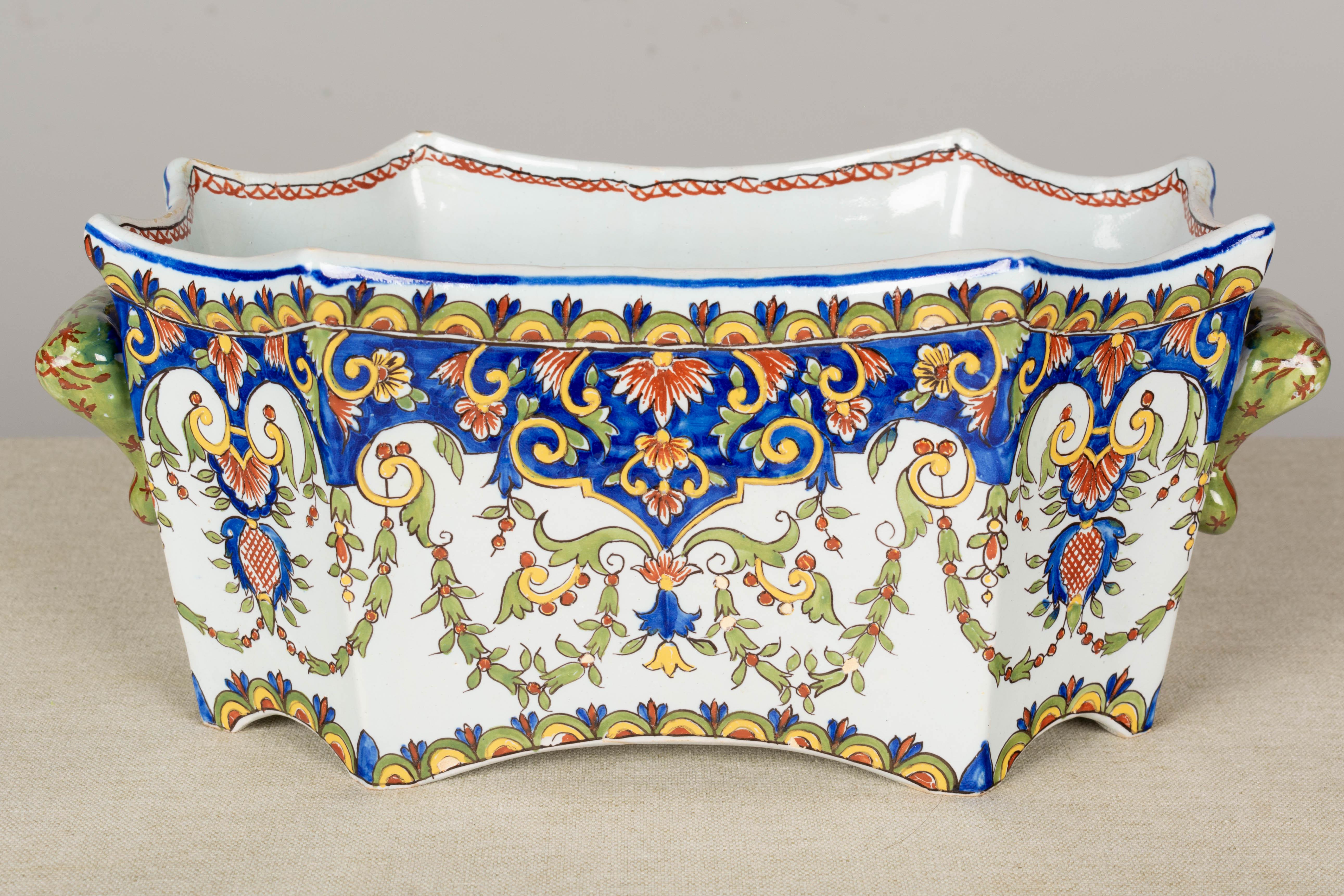 Hand-Painted 19th Century French Desvres Faience Jardinière For Sale