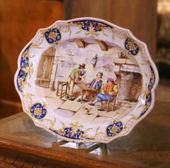 19th Century French Desvres Faience Platter with Tavern Scene Signed Teniers