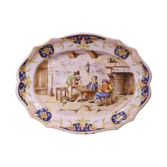 19th Century French Desvres Faience Platter with Tavern Scene Signed Teniers