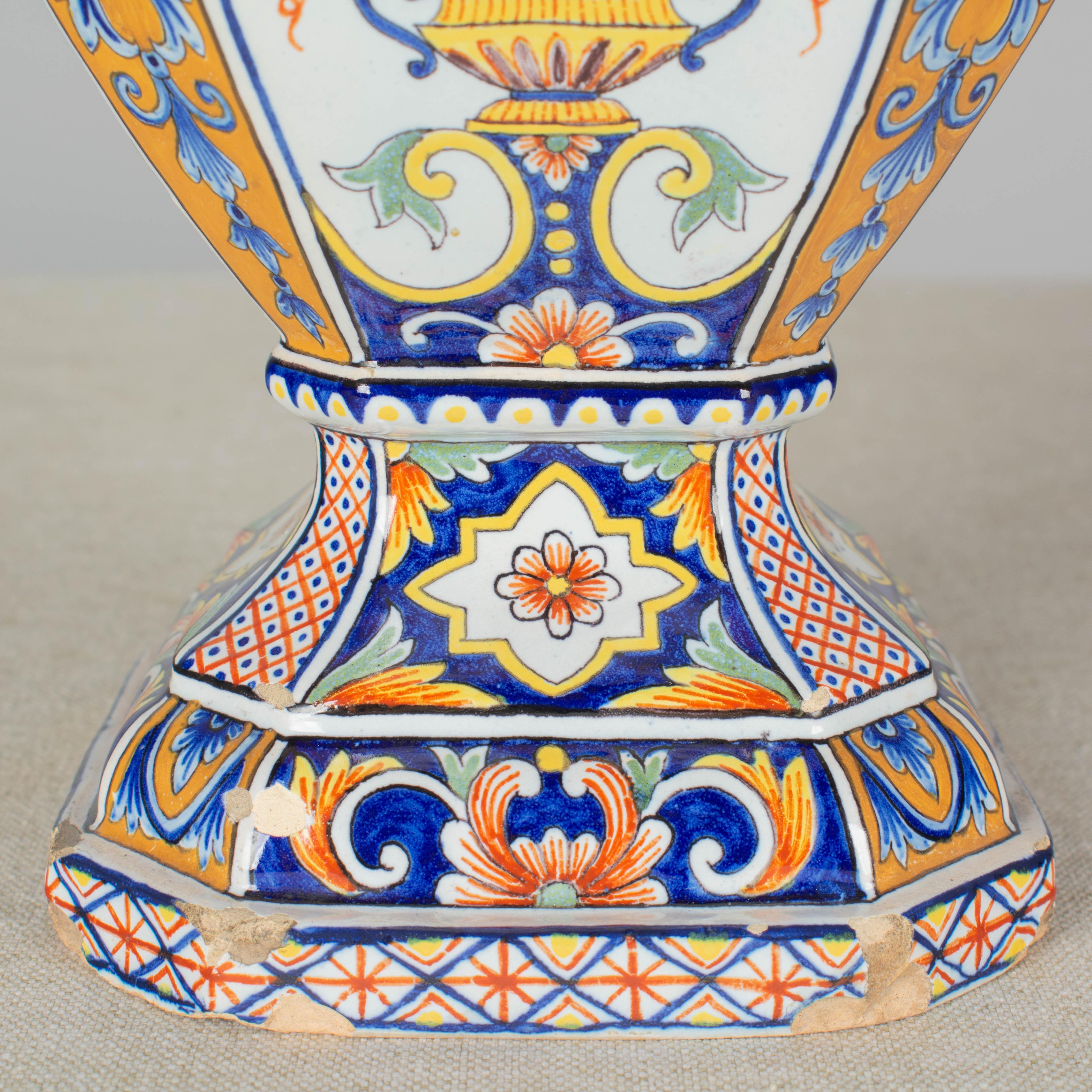 19th Century French Desvres Faience Urn Form Vases, a Pair For Sale 7