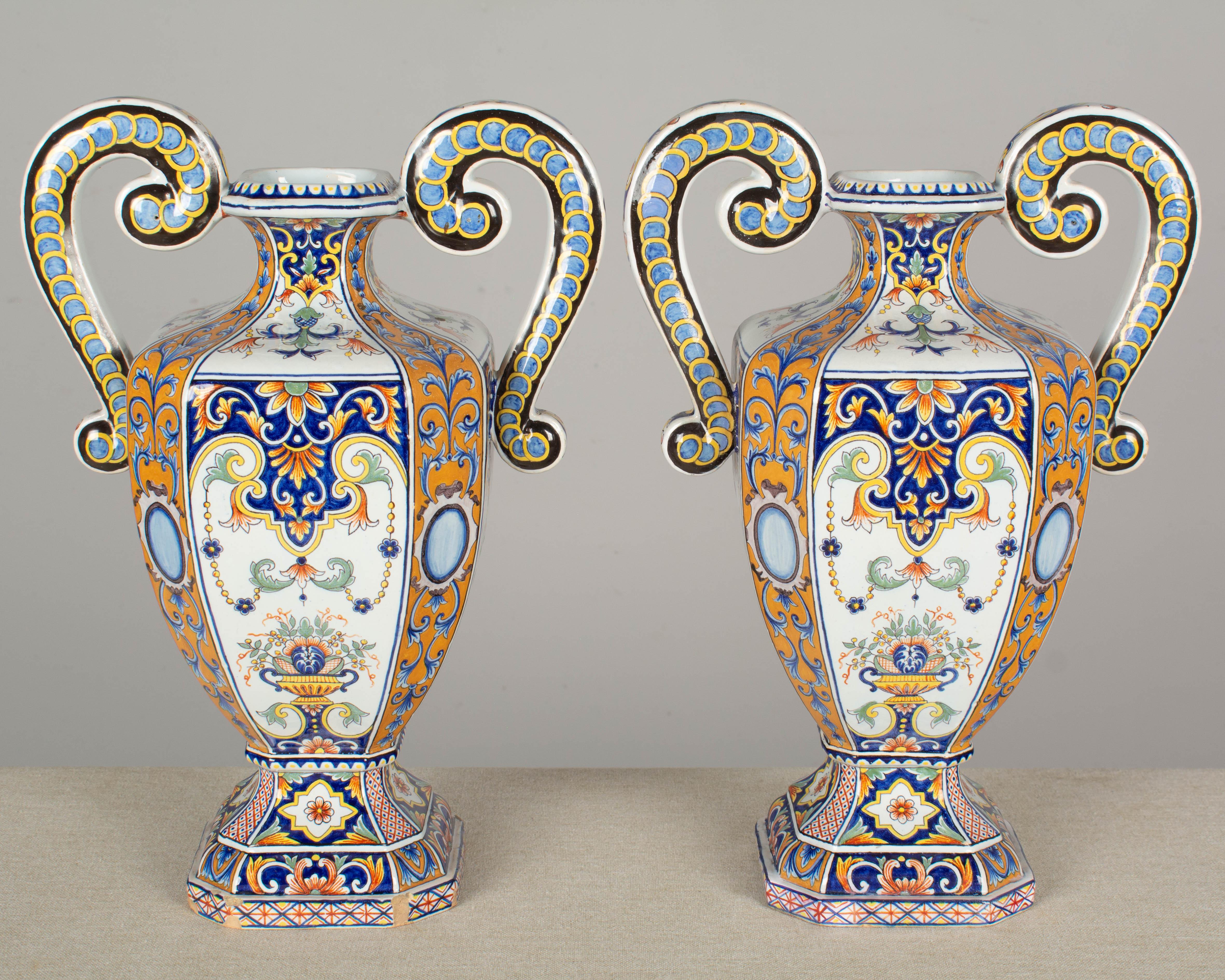 19th Century French Desvres Faience Urn Form Vases, a Pair For Sale 8