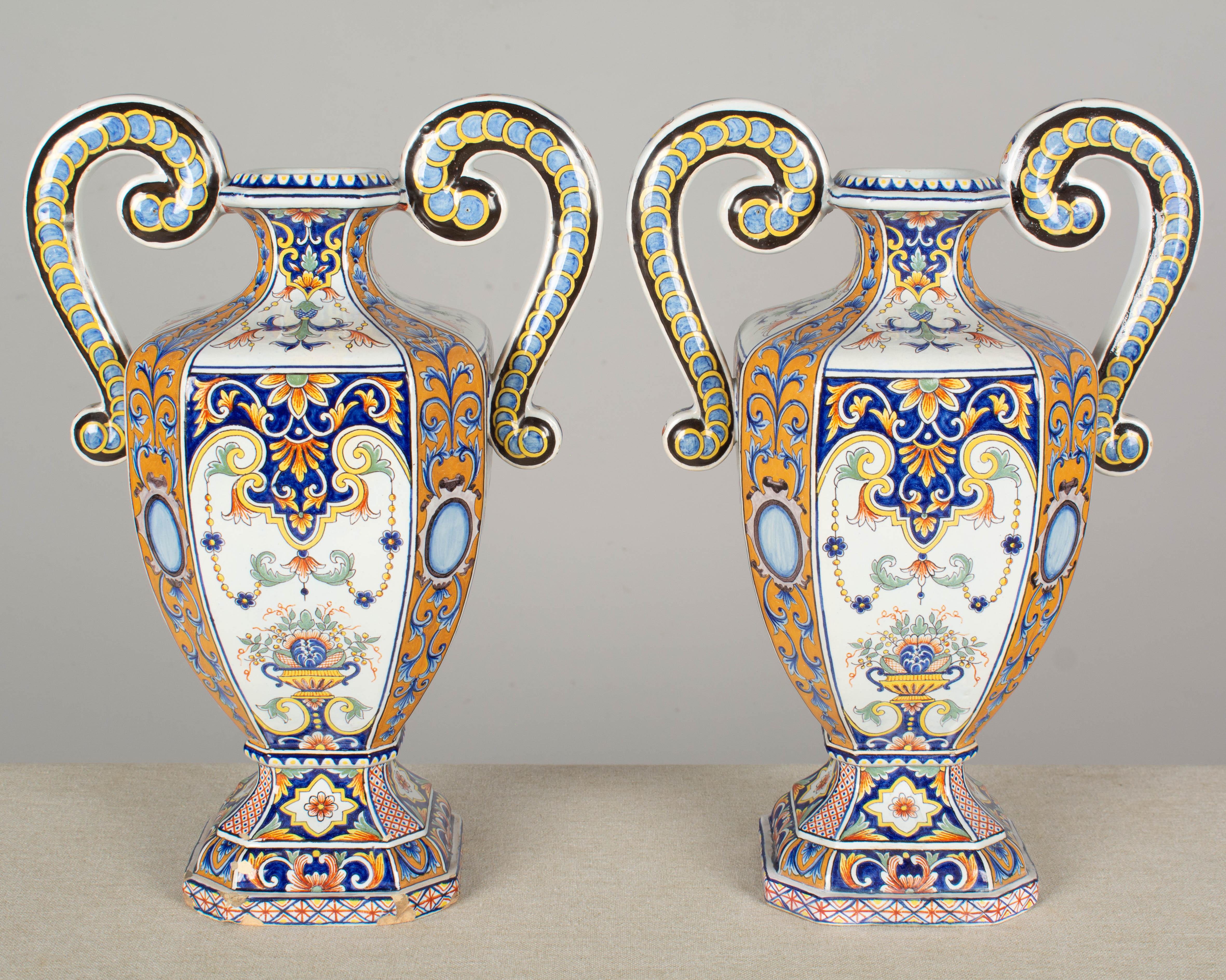 Hand-Painted 19th Century French Desvres Faience Urn Form Vases, a Pair For Sale