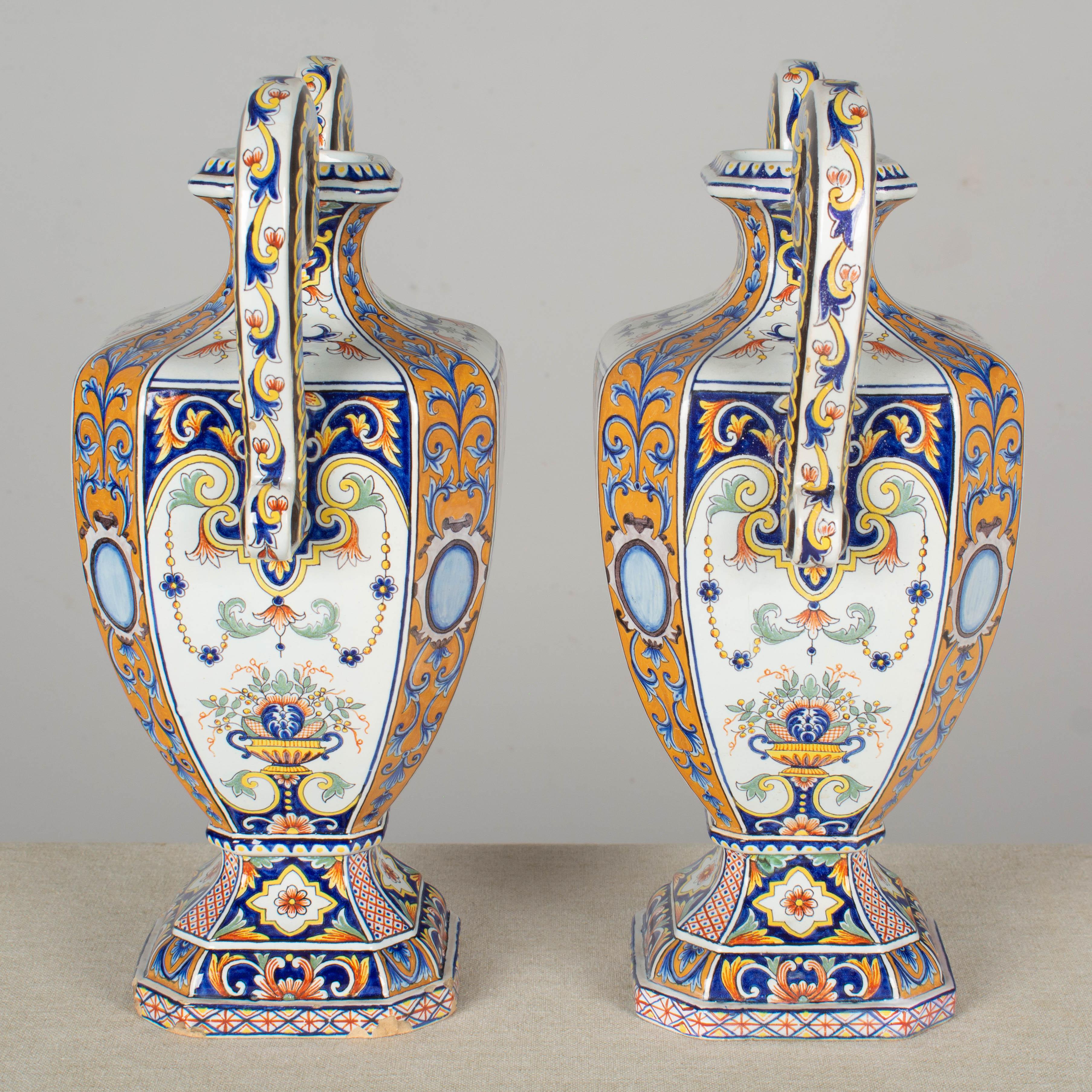 19th Century French Desvres Faience Urn Form Vases, a Pair In Good Condition For Sale In Winter Park, FL