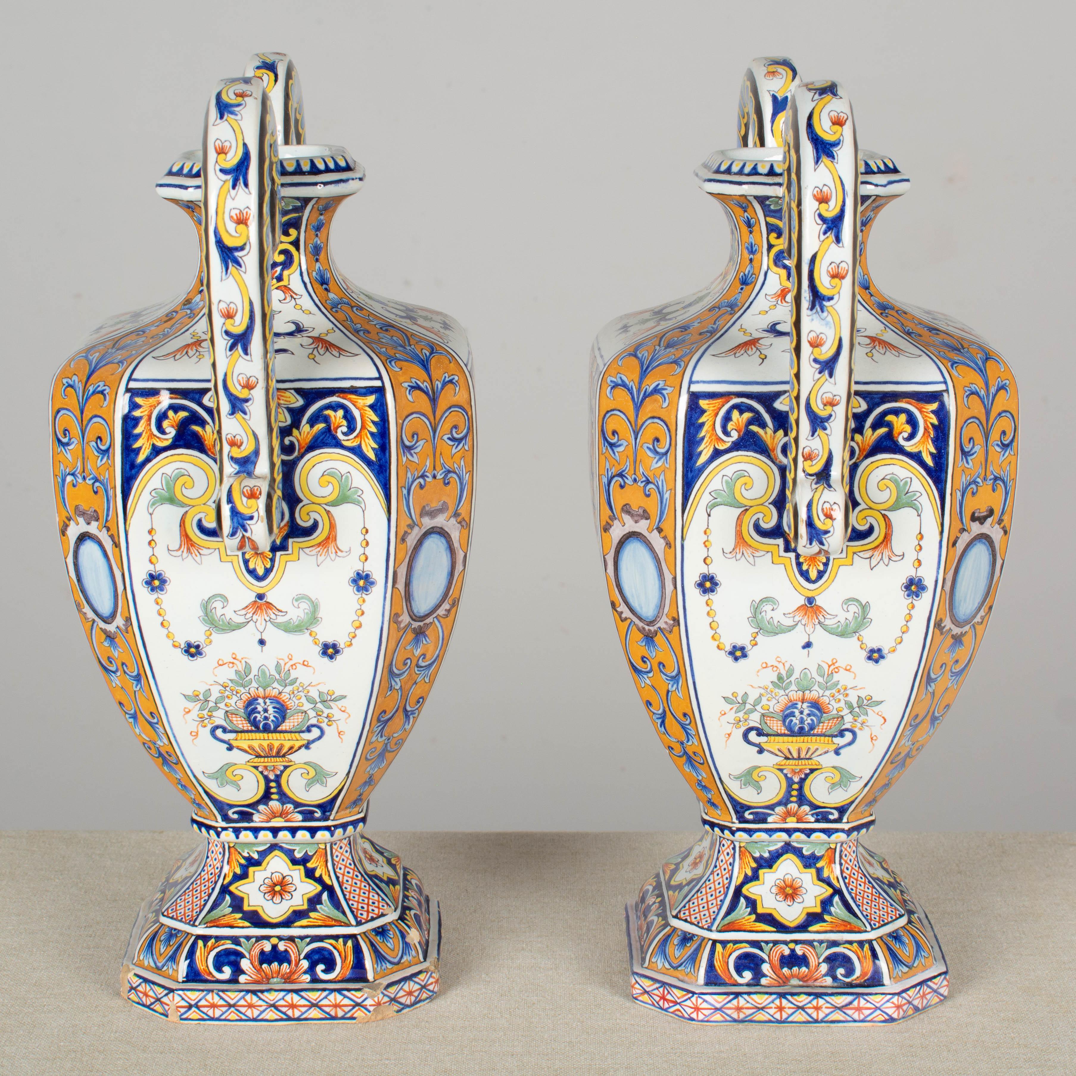 19th Century French Desvres Faience Urn Form Vases, a Pair For Sale 1