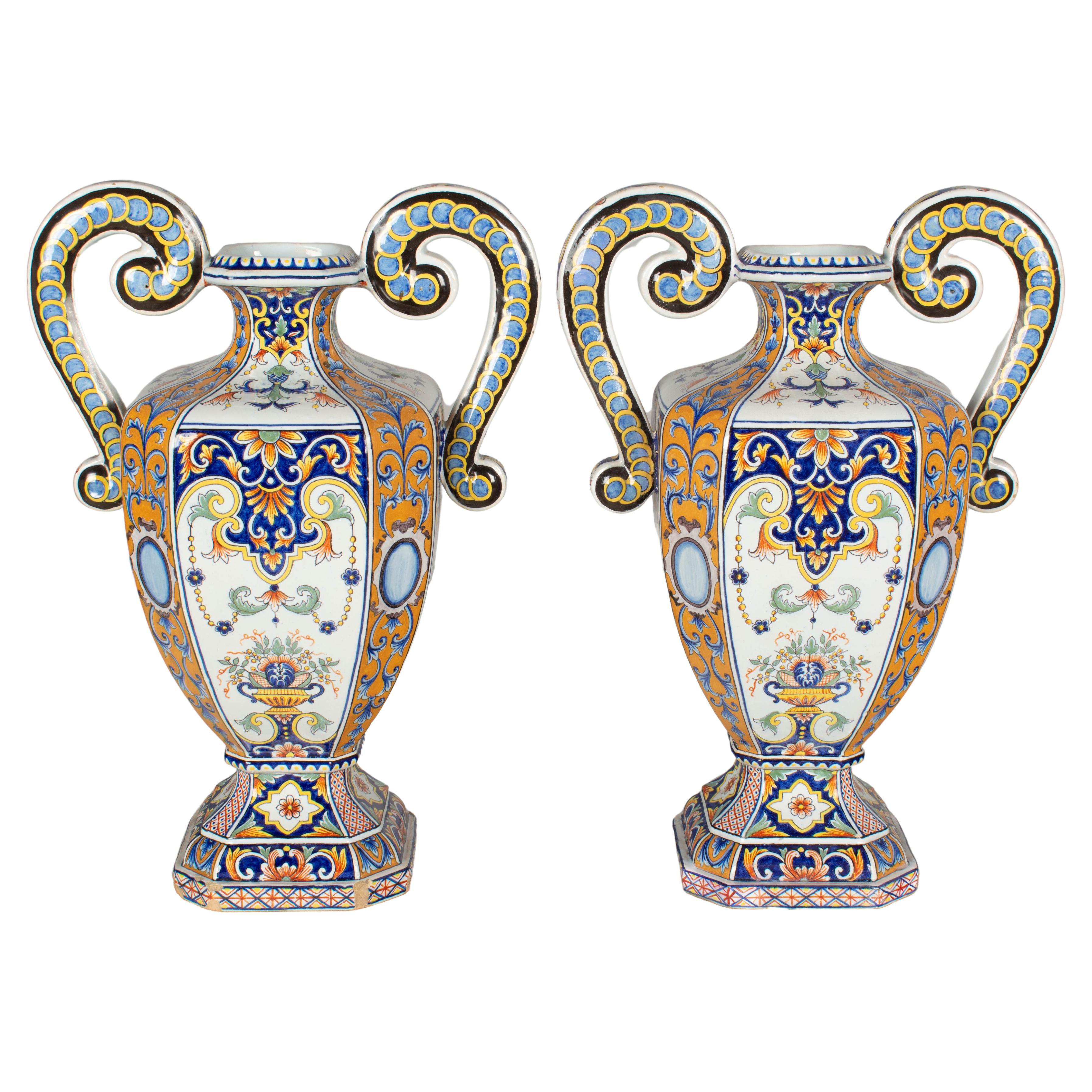 19th Century French Desvres Faience Urn Form Vases, a Pair For Sale
