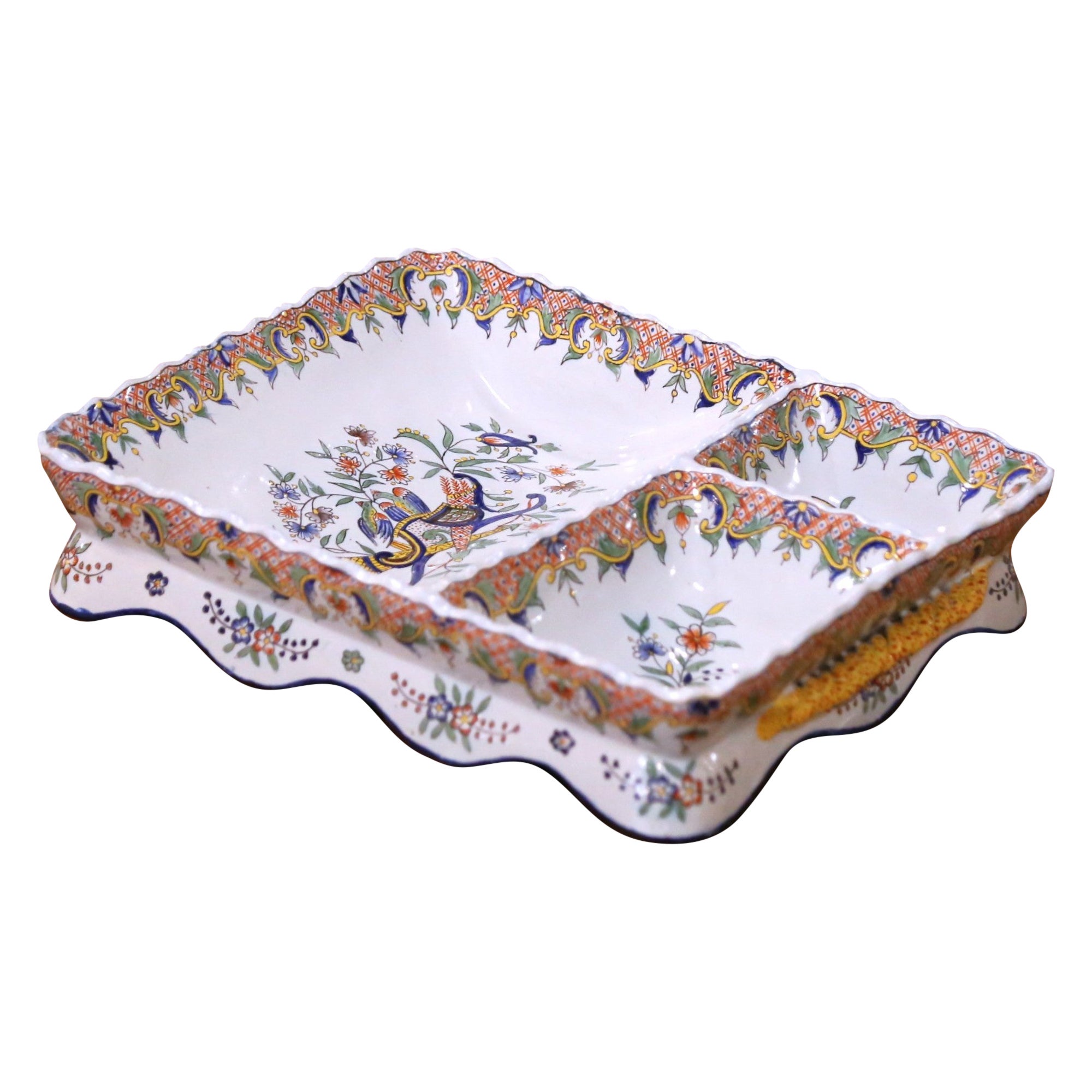 19th Century French Desvres Hand Painted Faience Divided Serving Tray For Sale